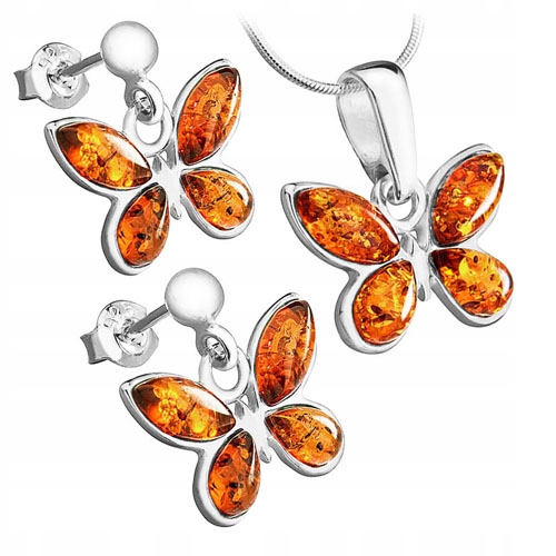 Stříbrný Komplet motýl s originálním Jantarem Stříbro dárek Křest Svaté Přijímání
