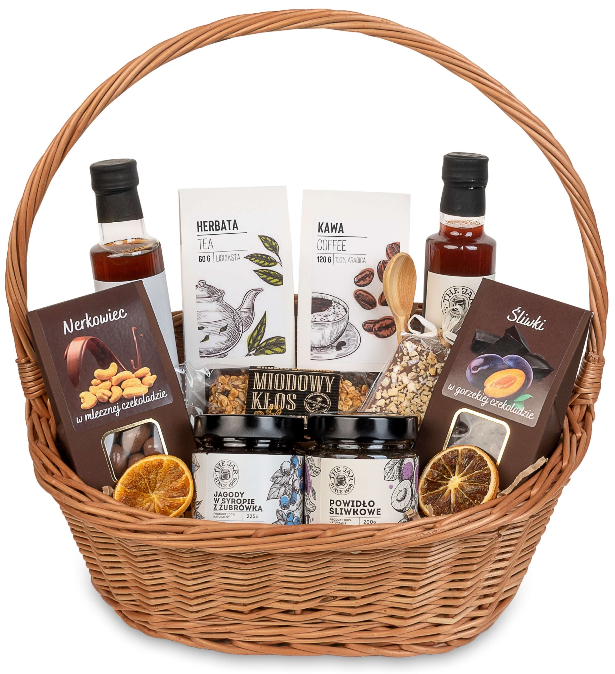 Levně Dárkový koš z proutěného materiálu s čajem a kávou Bakalie v čokoládě