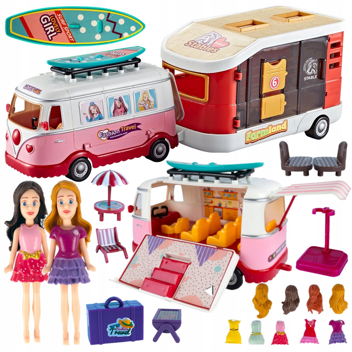 Kamper WIELKIE AUTO Autobus z Przyczepką Lalek Rozkładany Otwierany Domek