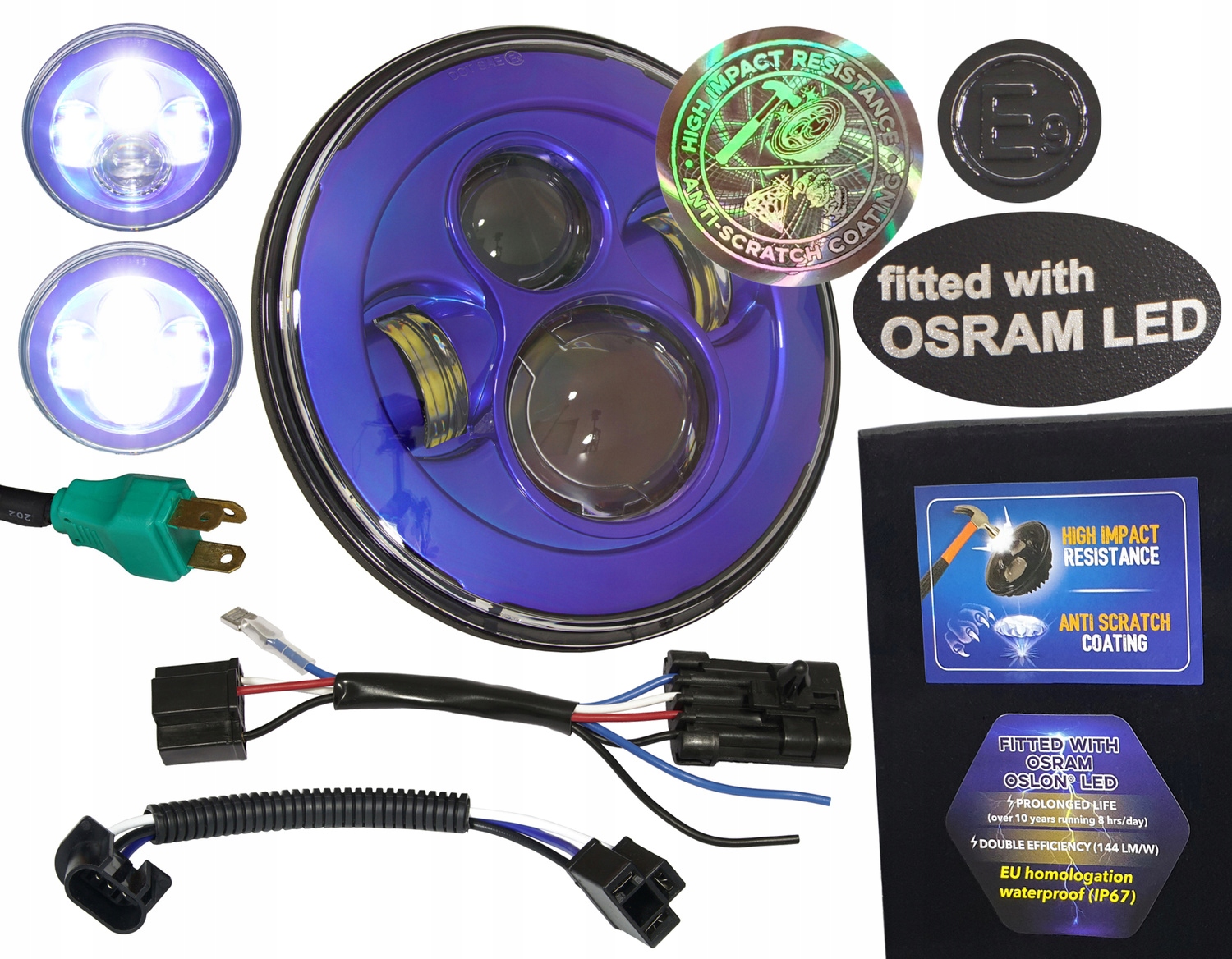 7-palcová Led lampa Osram 144 lm/W Anti-Scratch E, predná homologácia pre Harley