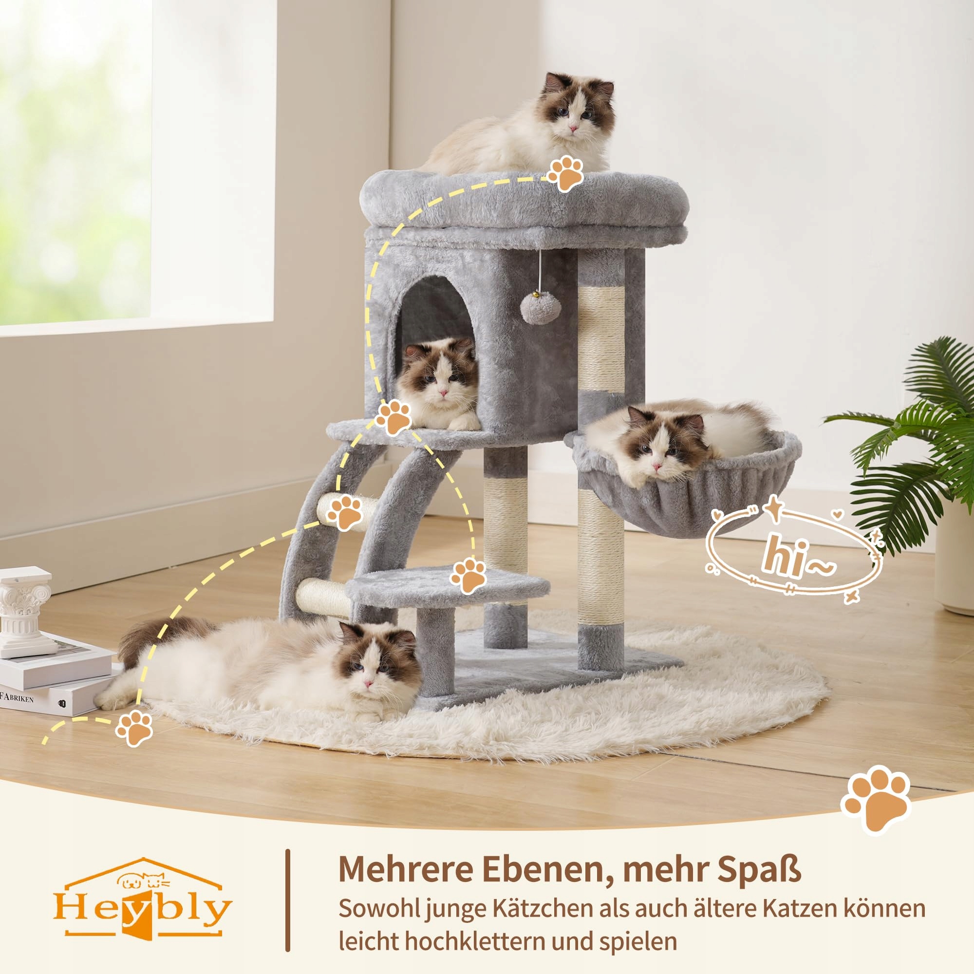 HEYBLY Drapak Dla Kota 75cm Z Platformą Jaskinią Hamakiem Drabinką Szary — miniatura 6