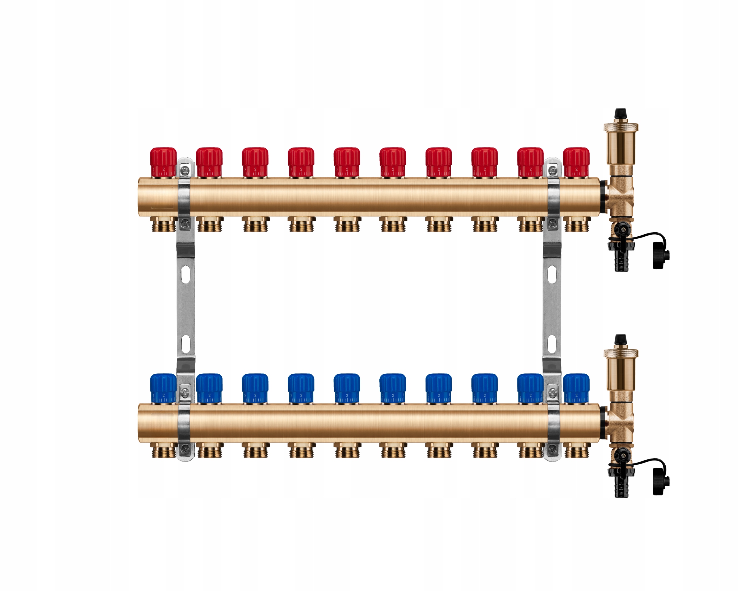 Mosazný rozdělovač s 10 manuálními okruhy pro radiátorové vytápění