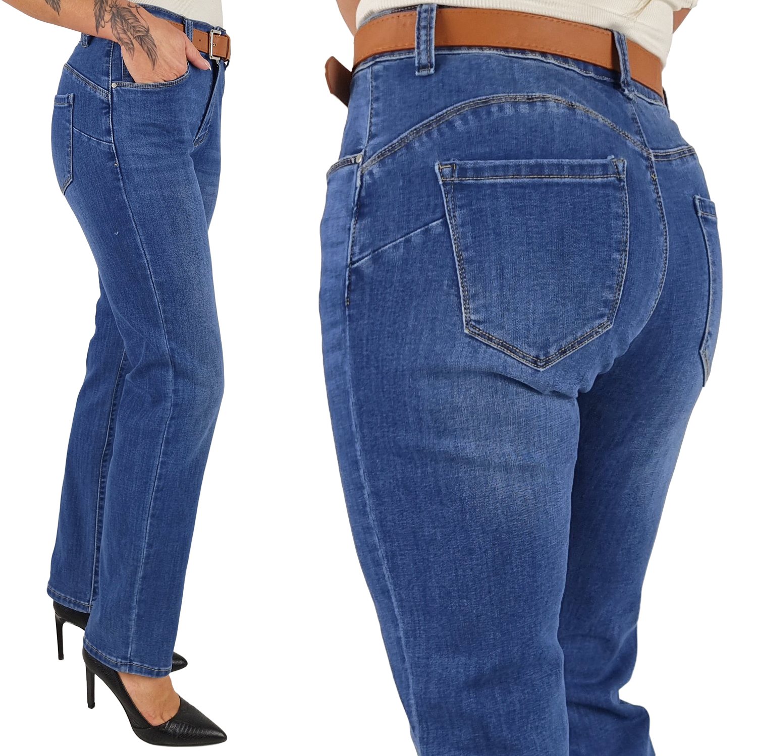 M.sara Damskie Spodnie Prosta Nogawka Wyszczuplające Jeansy Push Up Blue