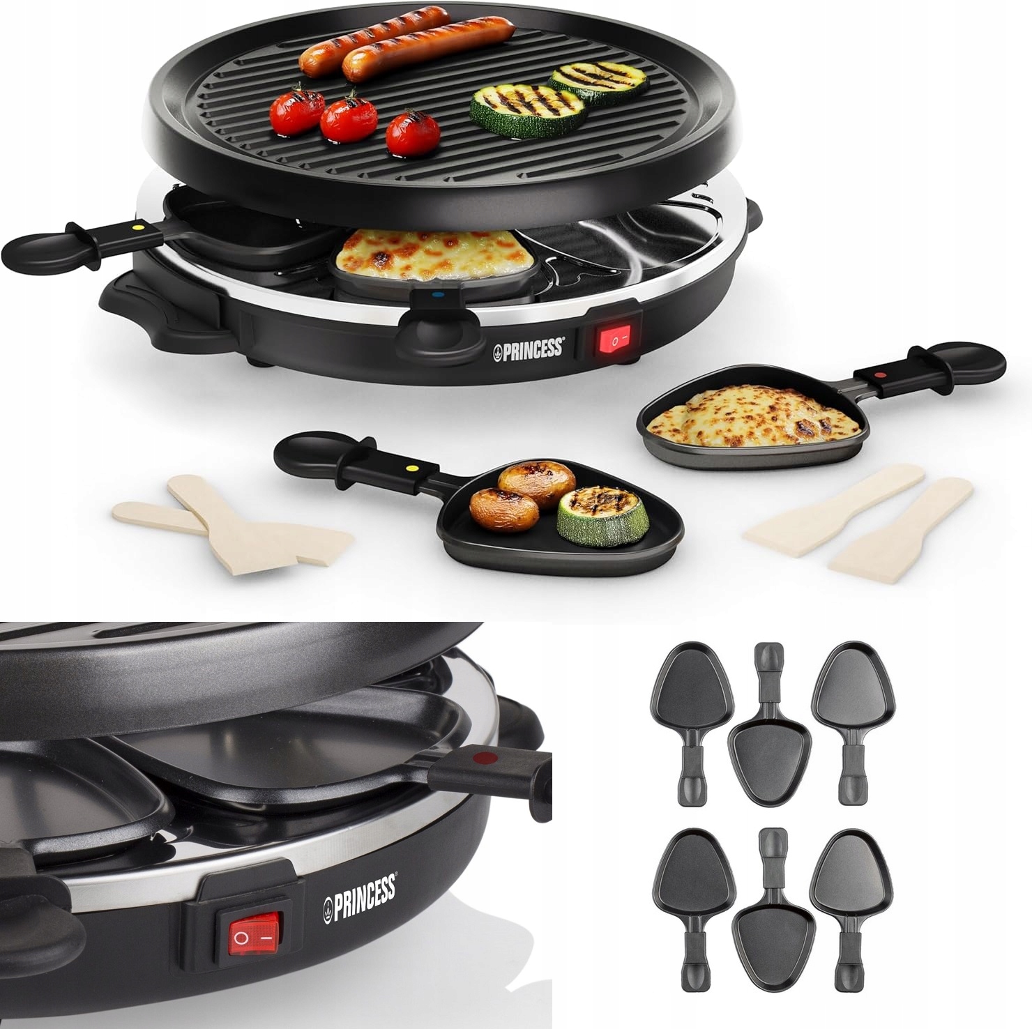 Okrągły Elektryczny Grill Raclette 6 patelek 6 szpatułek 800W Grill