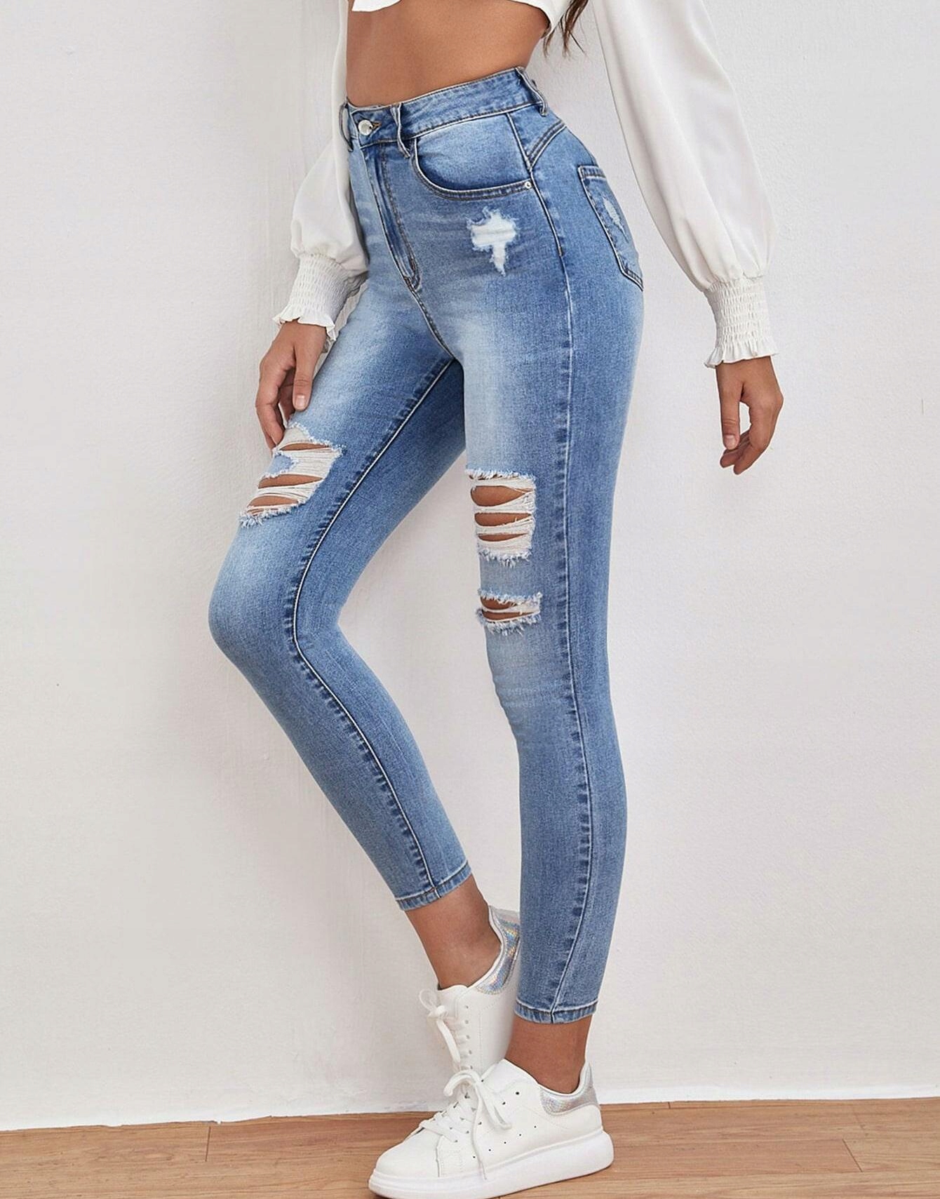 Jeansy Damskie Cygaretki Z Dziurami Shein L