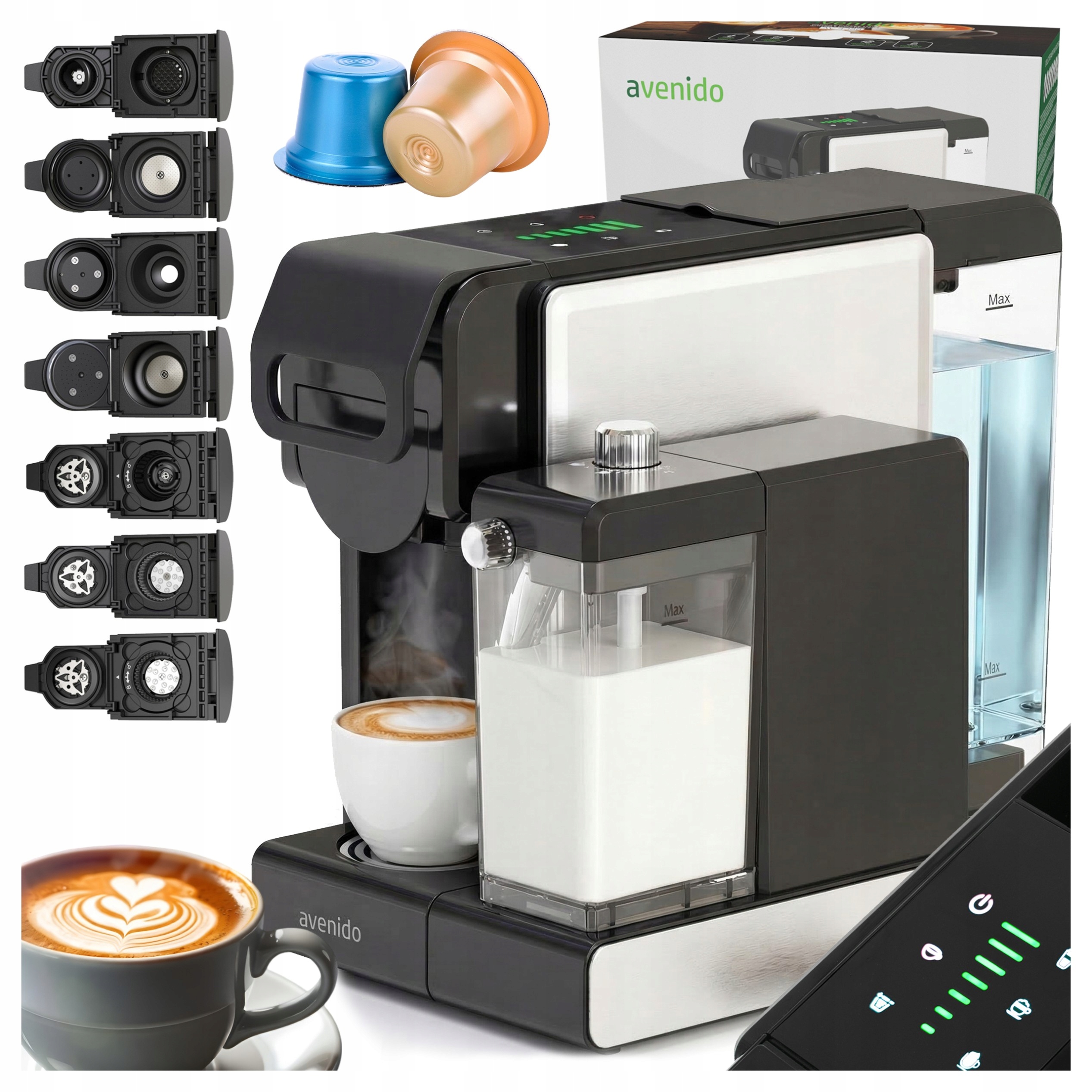 Multi-Ekspres Wielokapsułkowy 19 Bar Regulacja Wody Mleka Zbiornik 1L