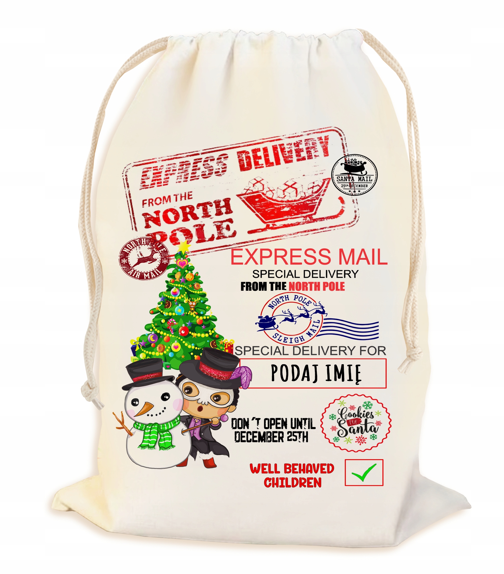 PEROSNALIZOWANY WOREK NA ŚWIĄTECZNY PREZENT POD CHOINKĘ Z IMIENIEM 23*34CM