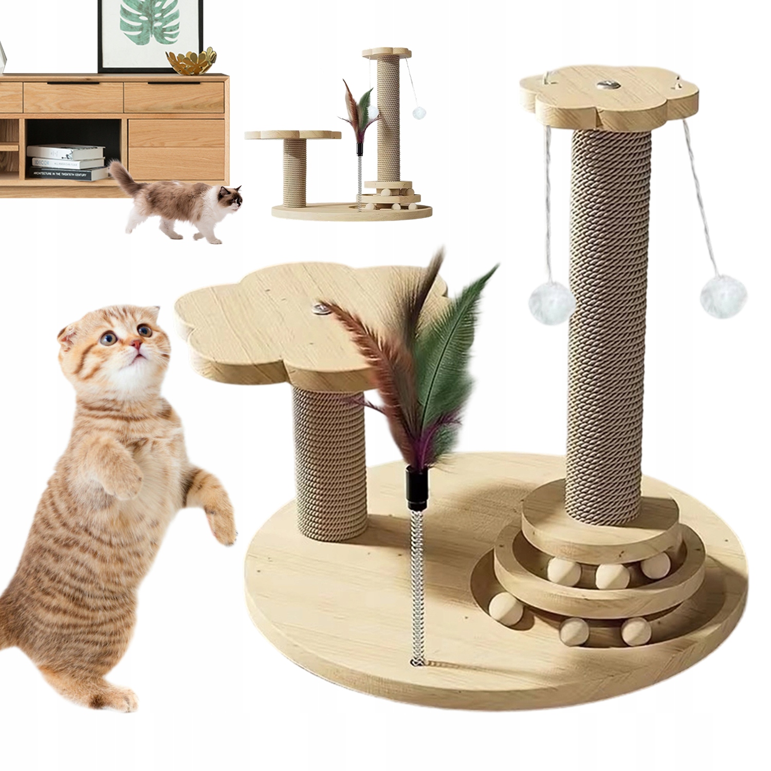 Levně Škrabadlo 4V1 Pro Kočky S Peřím A Dvěma Sloupky Sisal