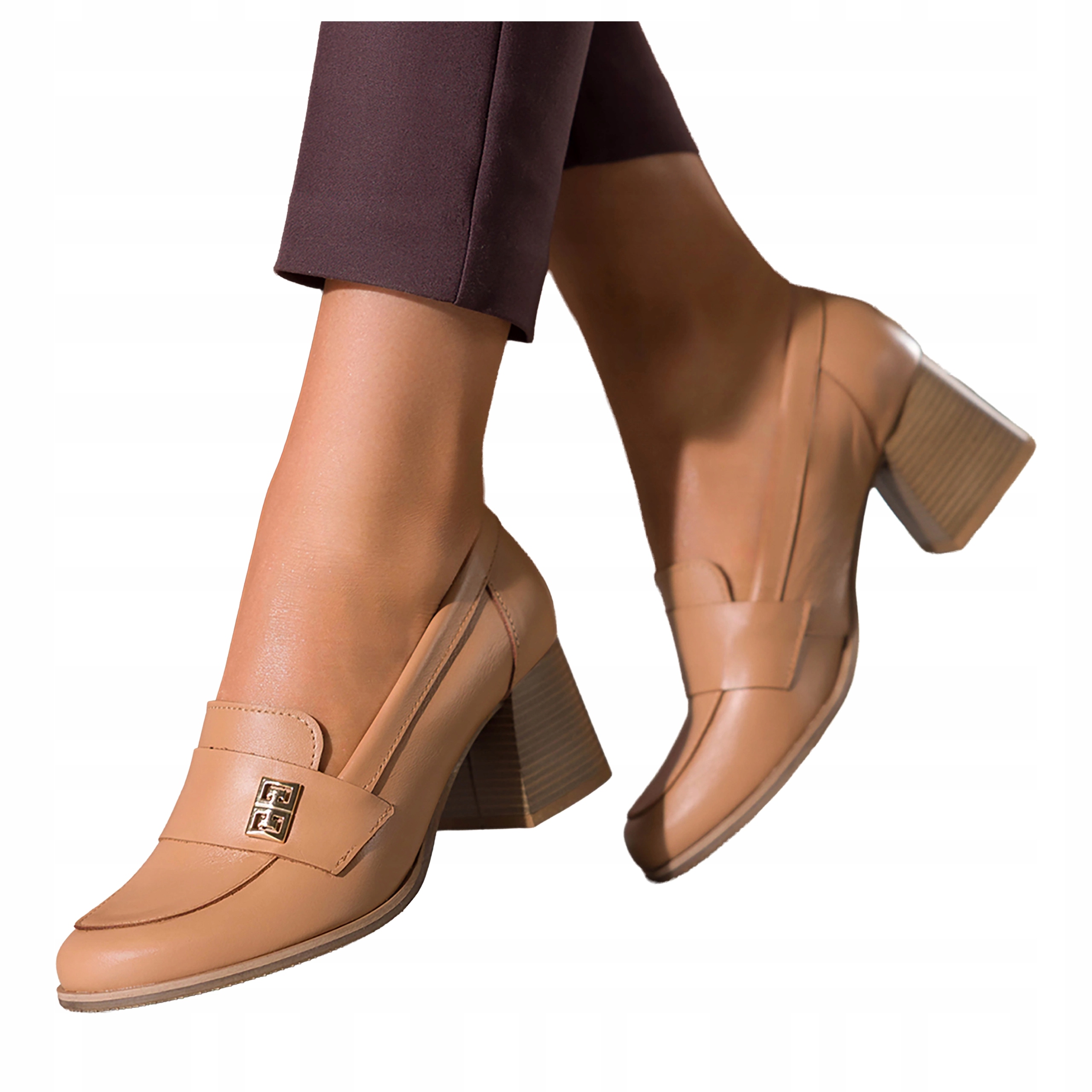 Camelové Mokasíny Dámské Zlatá Ozdoba Široká kostka Módní Kožené r 39