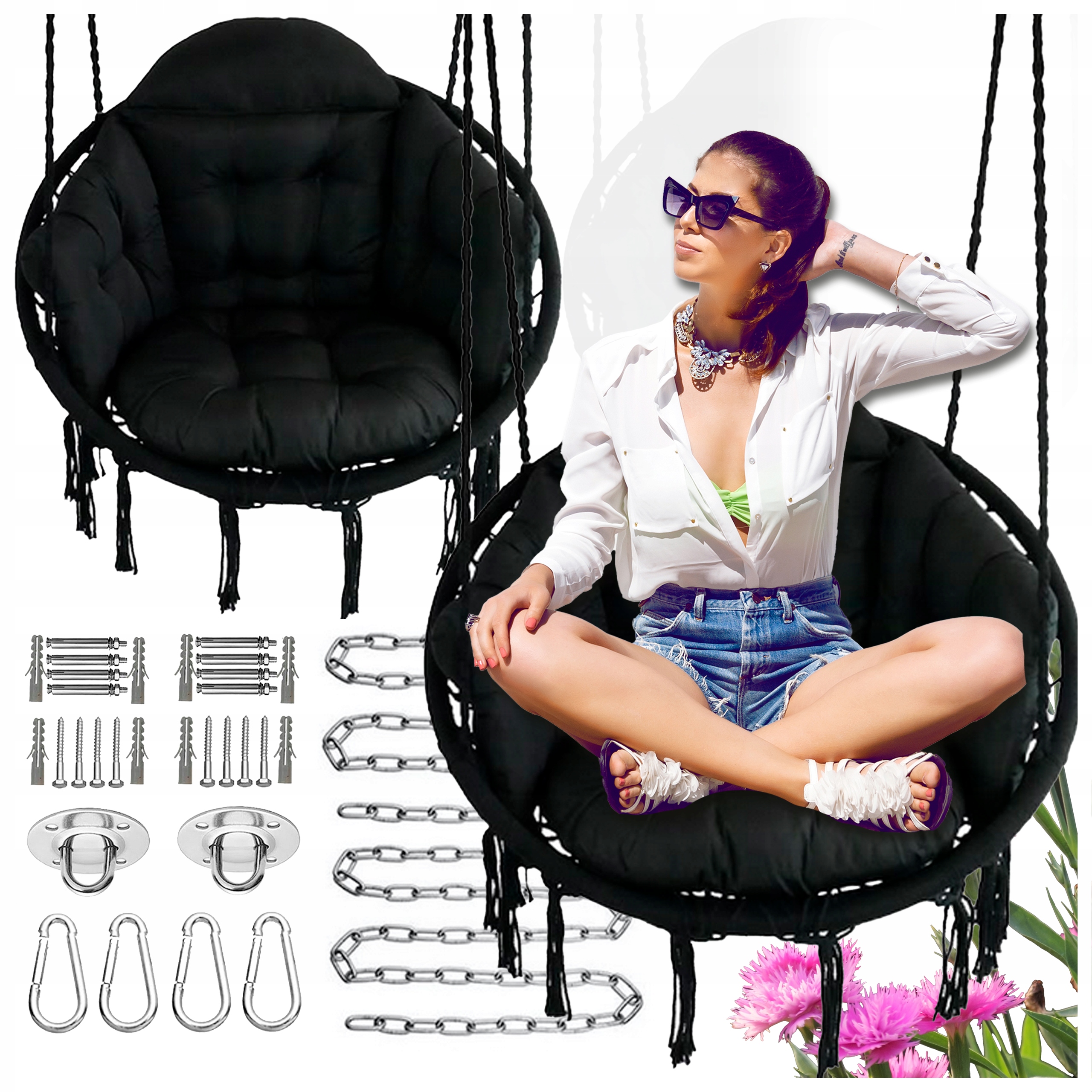 Czarne Bocianie gniazdo huśtawka ogrodowa poduszka 2x zestaw montażowy