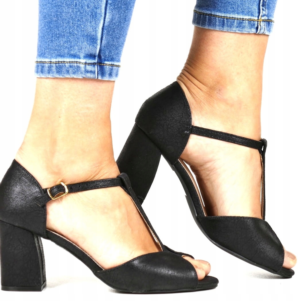iButy Sandály Na Podpatku S Tlustým Sloupkem Černé S Páskem Elegantní Pohodlné