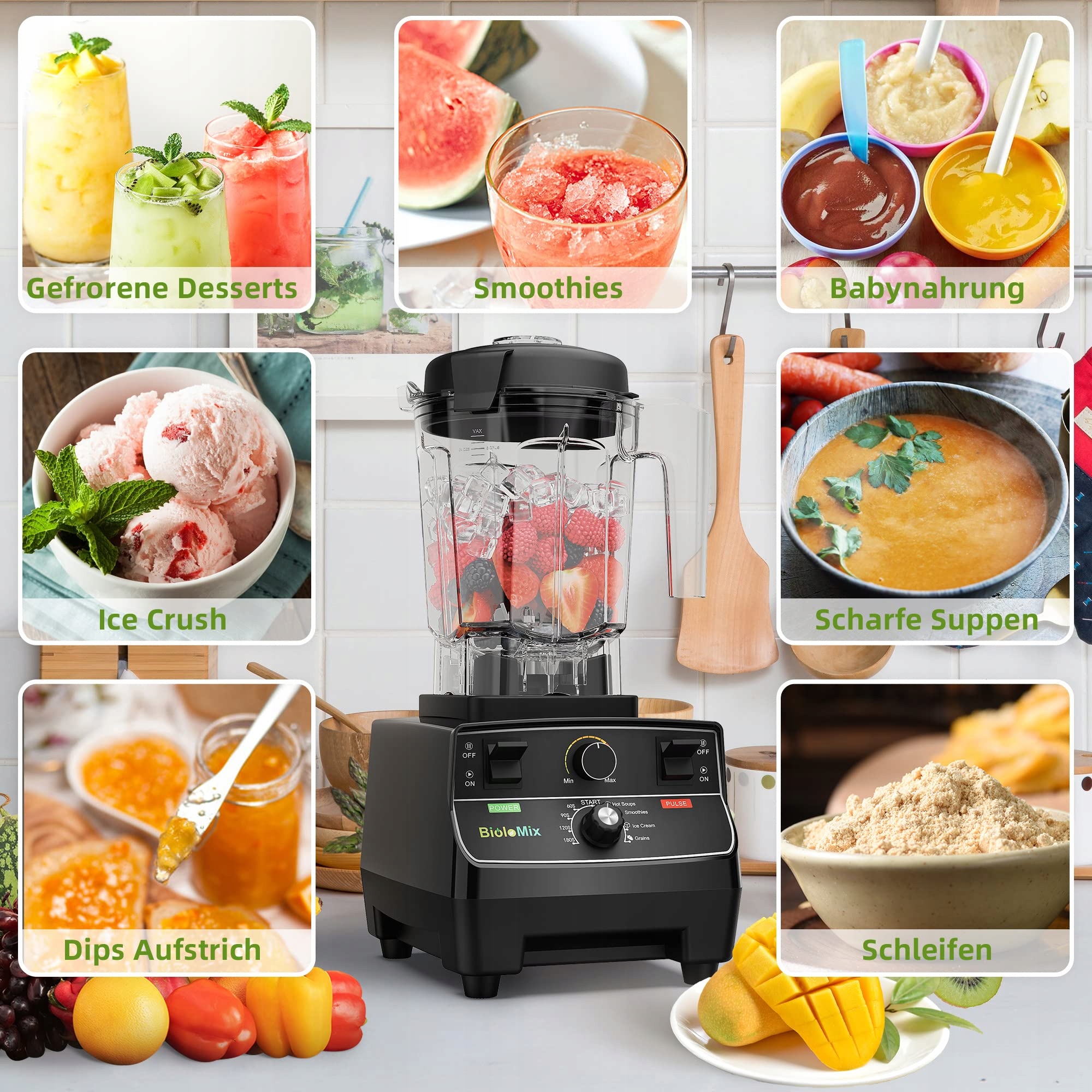 BIOLOMIX Blender Wysokiej Mocy 2200W 2L i 600ml BPA Free Samoczyszczący — miniatura 6