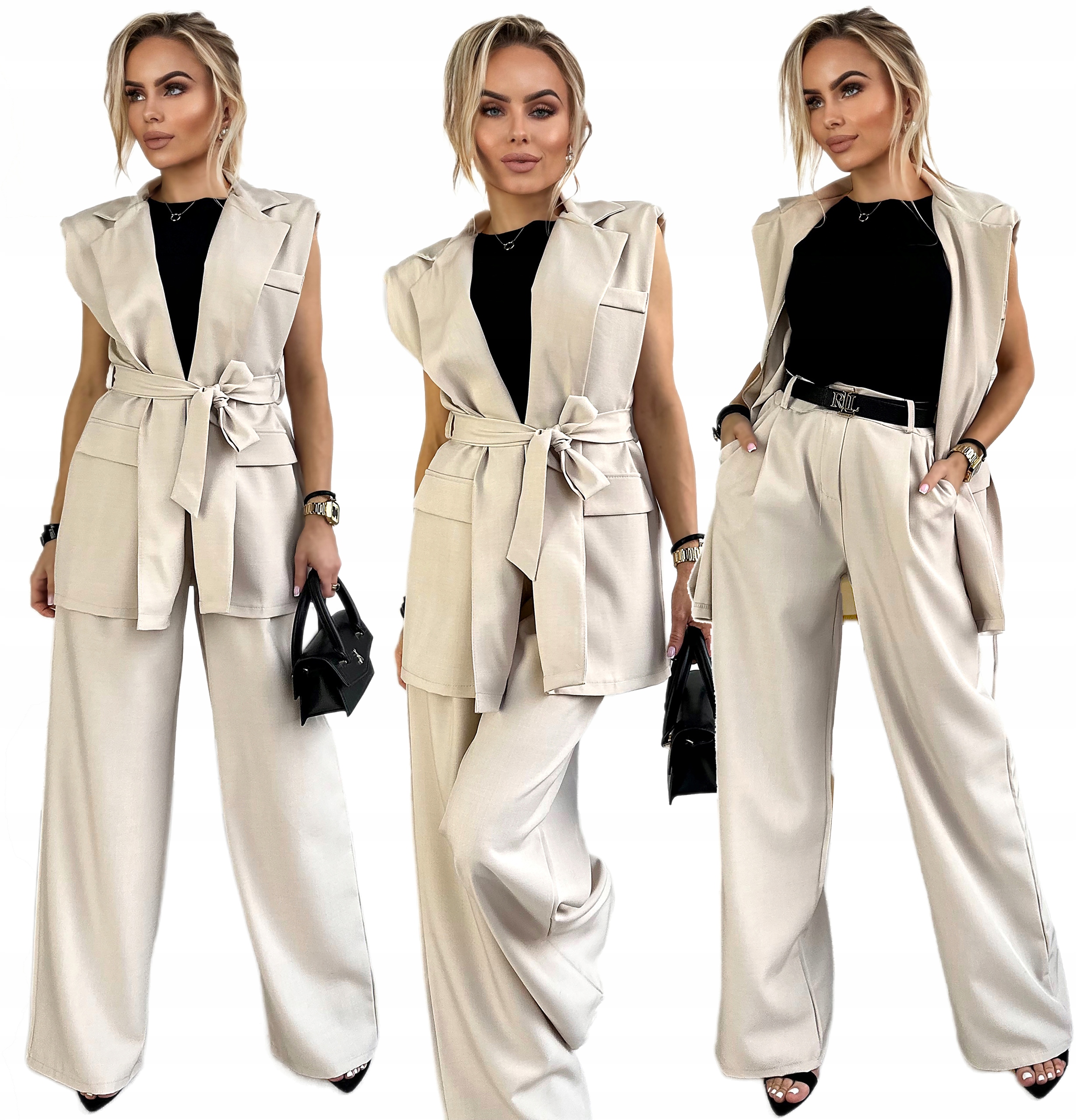 Elegantní stylový Komplet dámská zavazovací vesta široké kalhoty