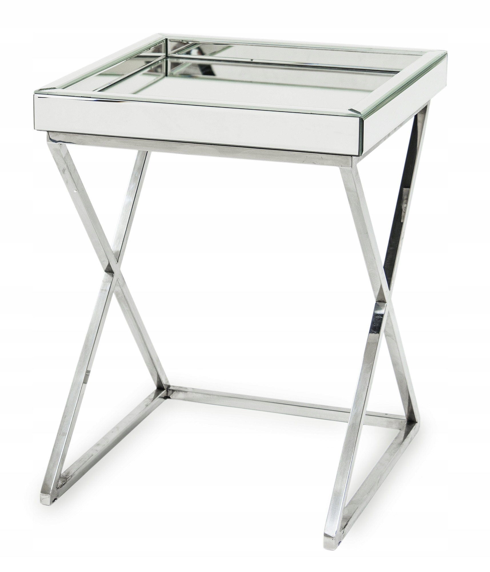 Kovový stolík, strieborná sklenená zrkadlová doska