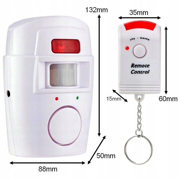 ALARM BEZPRZEWODOWY CZUJNIK RUCHU 105dB + 2 PILOTY Skład zestawu czujka ruchu