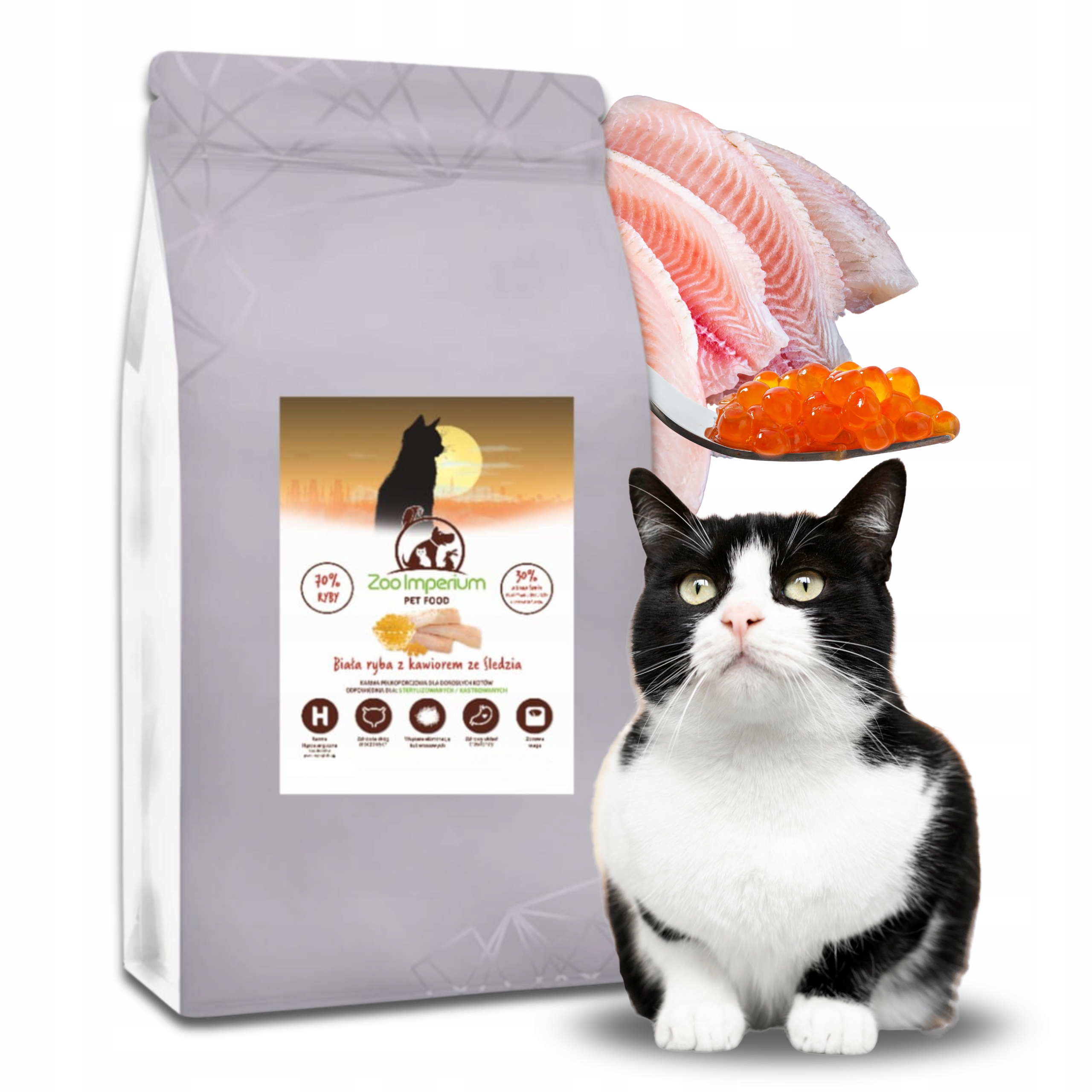 Levně Suché Krmivo bez obilovin pro sterilizované kočky Bílá Ryba Kaviár 5 kg