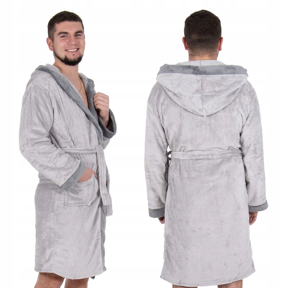 SZLAFROK MĘSKI SZARY CIEPŁY DŁUGI JAKOŚĆ ELEGANCKI Z KAPTUREM R.M/L Długość całkowita 105 cm