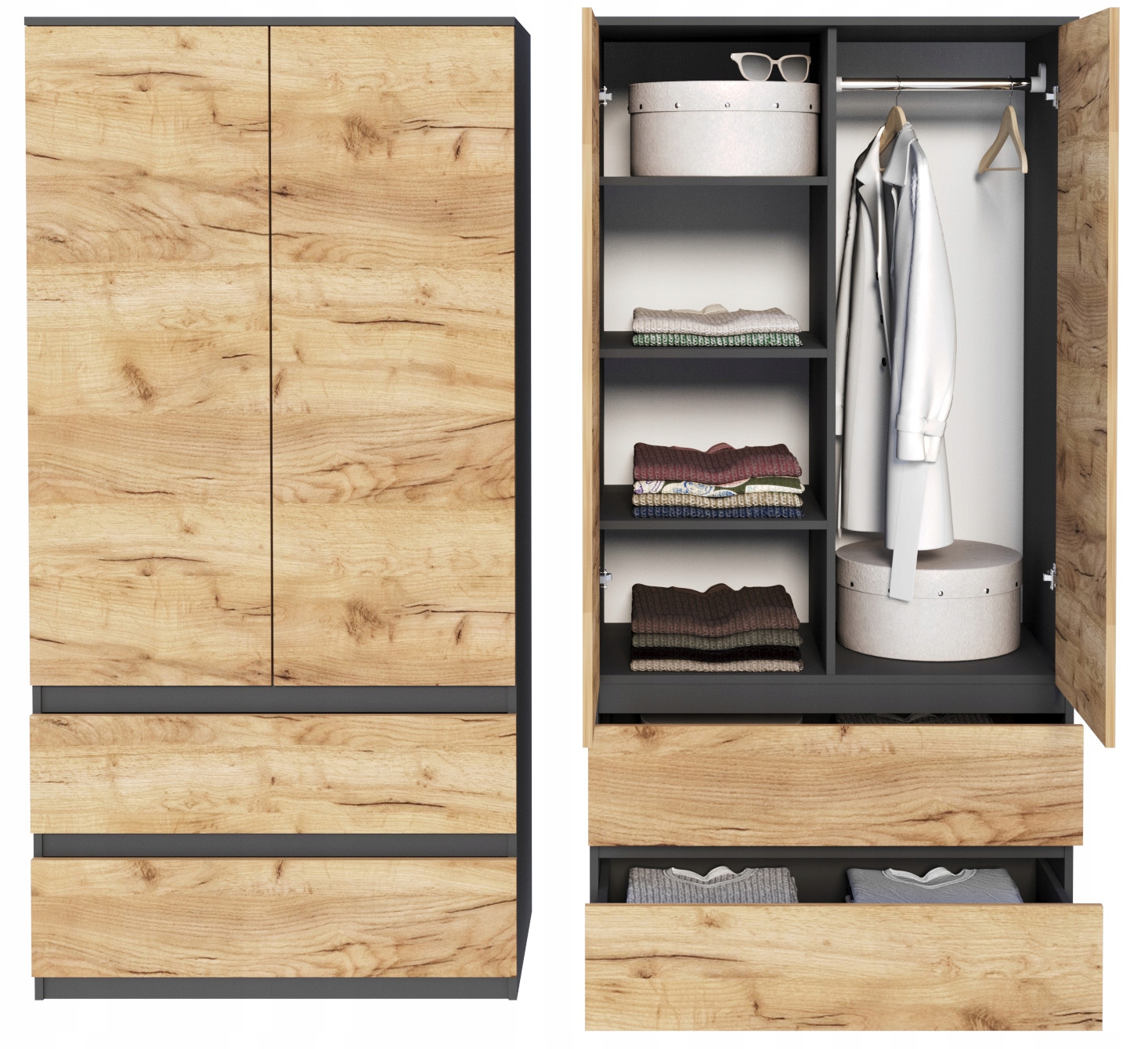 Skříň dvoudveřová 90 cm Šatní Skříň Moderní zásuvky šedá
