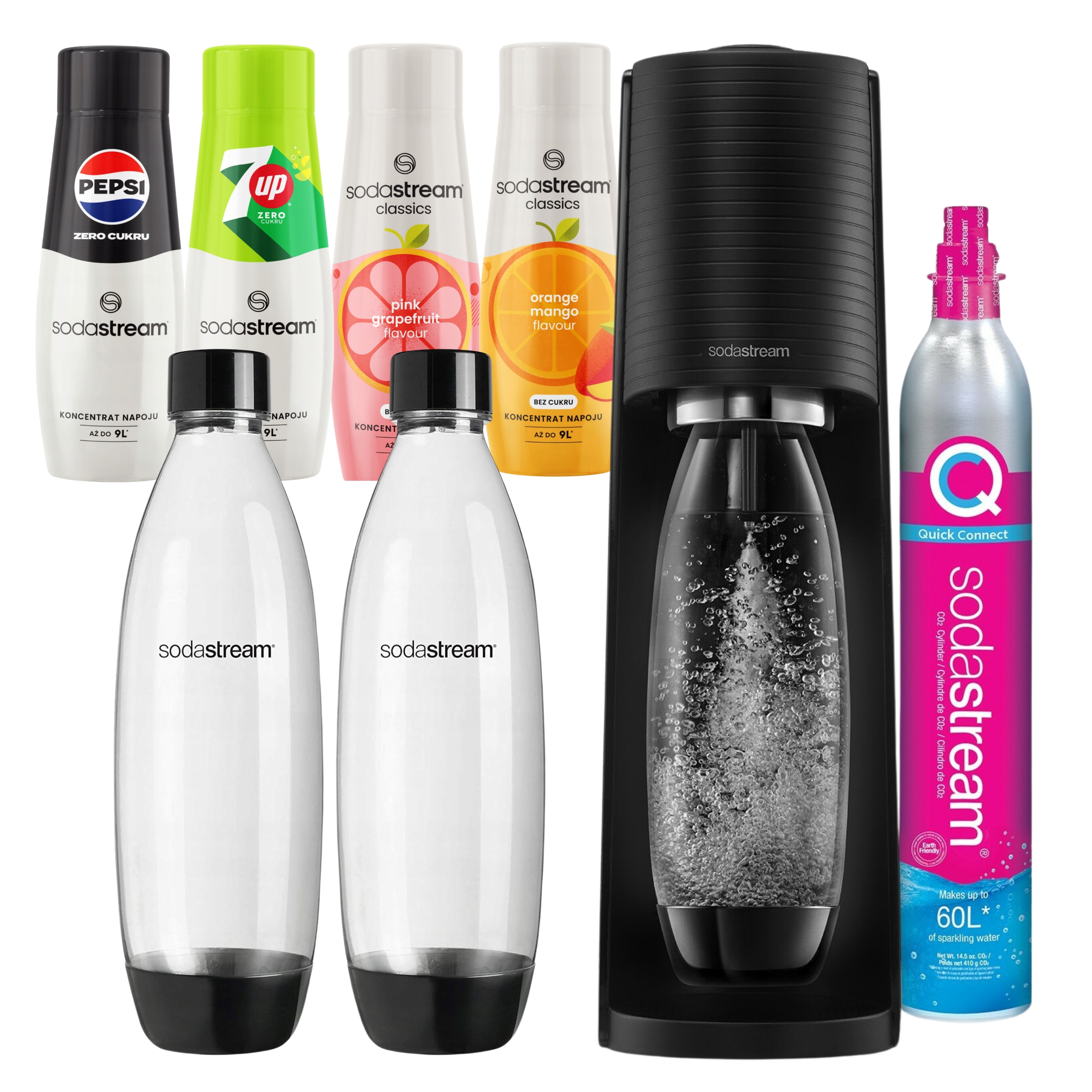 Saturátor Soda Stream Terra čierny Sada 2 fliaš 4 sirupy Bez Cukru
