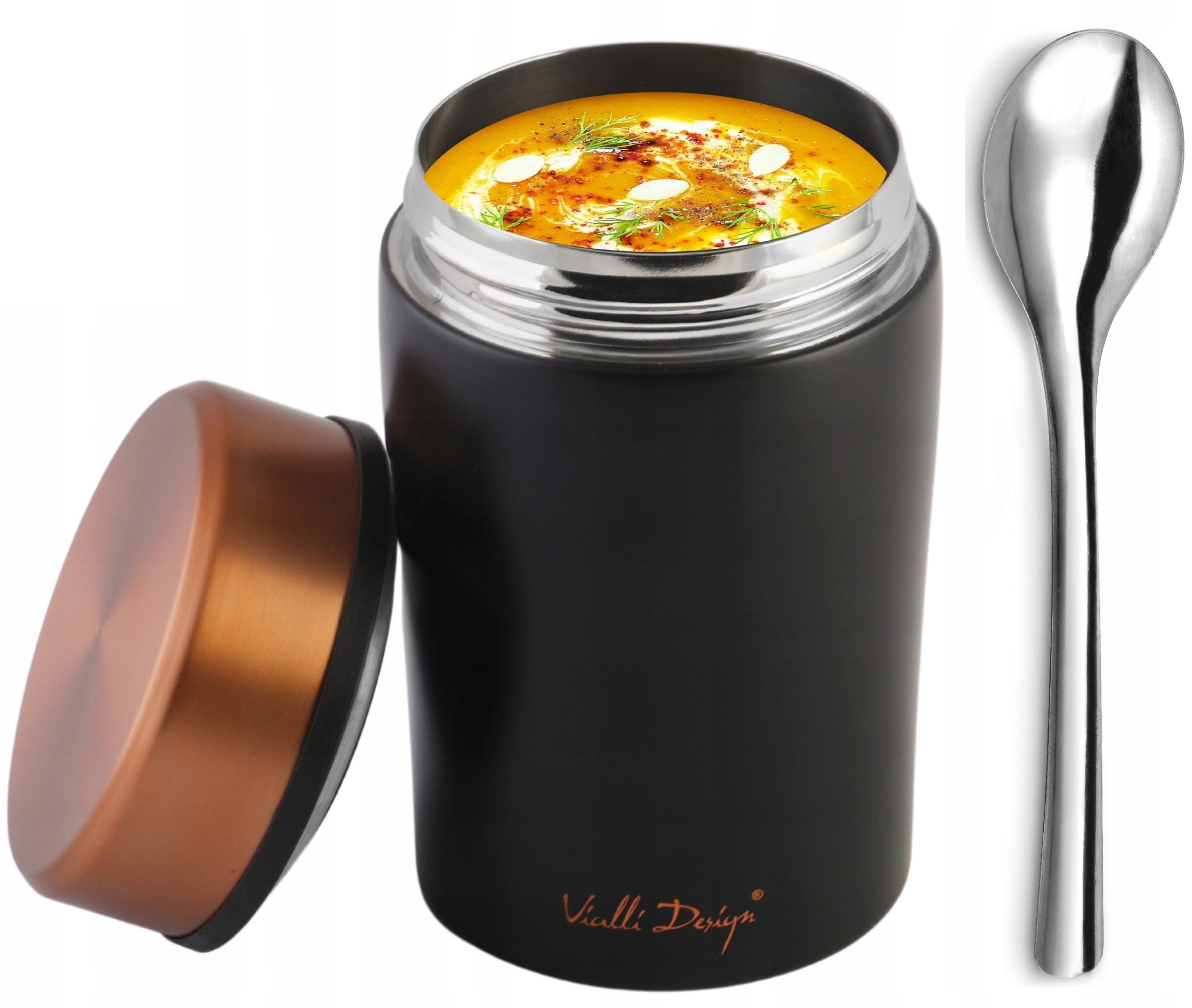 ZESTAW NA GORĄCE POSIŁKI I NAPOJE KUBEK TERMICZNY PRÓŻNIOWY TERMOS OBIADOWY Model FUORI CZARNY ROSE GOLD PRÓŻNIOWY