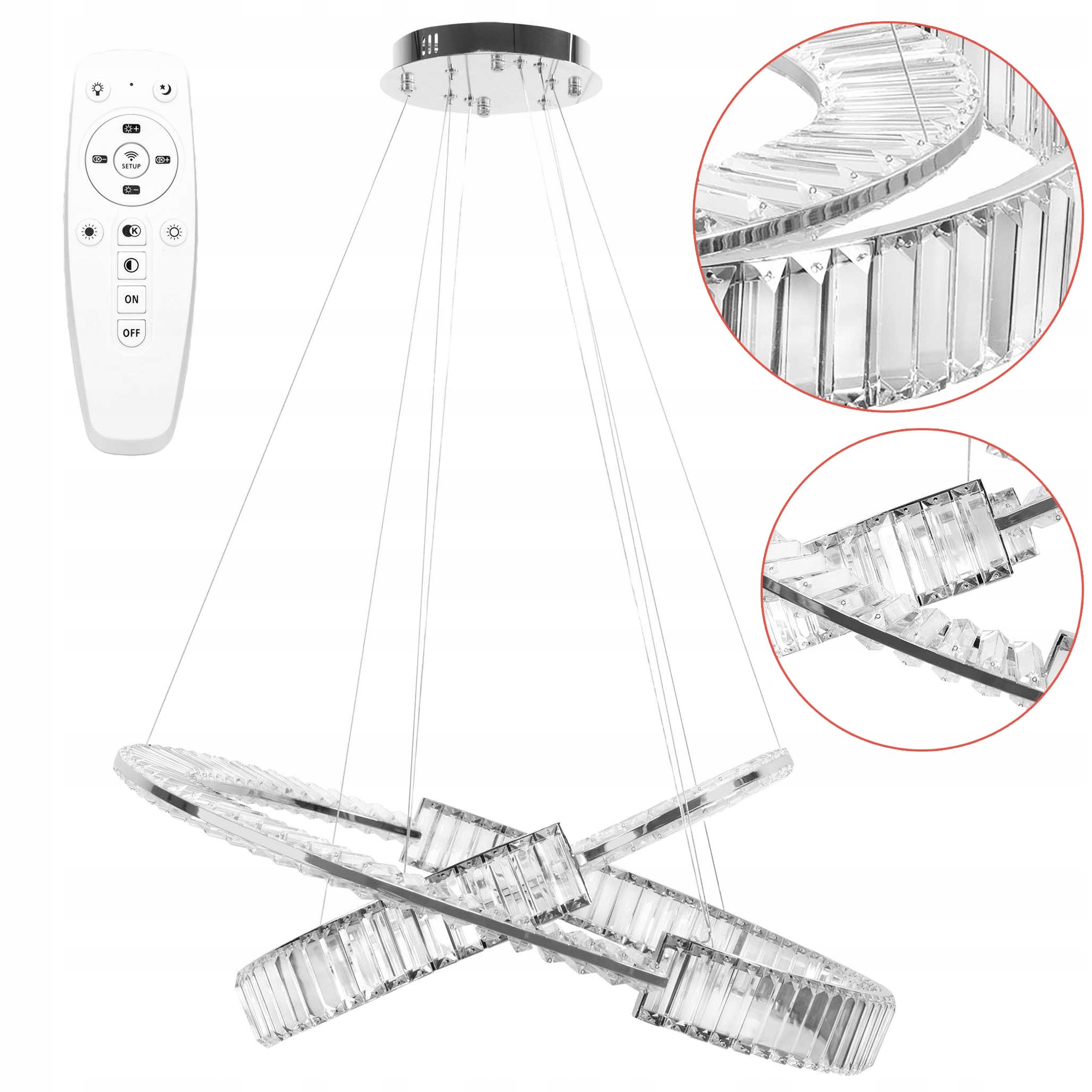 Strieborná závesná Led lampa s kryštálmi 80 Dvojitá obruč Chrómová s diaľkovým ovládaním