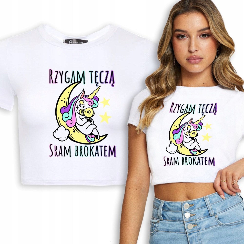 Krótka Koszulka Damska Unicorn RZYGAM TĘCZĄ Wz - L