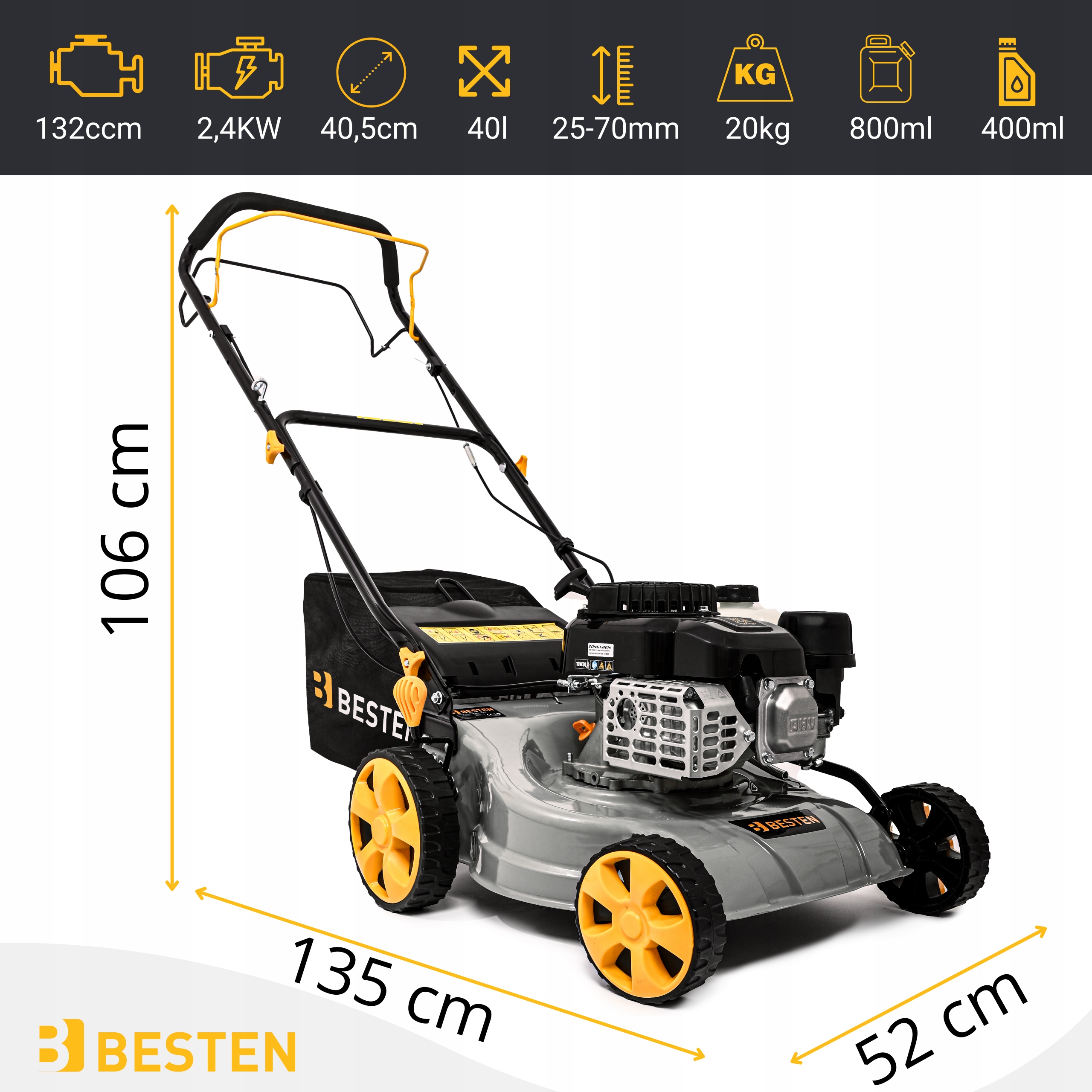 KOSIARKA SPALINOWA DO TRAWY Z NAPĘDEM MOCNA KOSZ 40L POJEMNOŚĆ 132CC Marka BESTEN