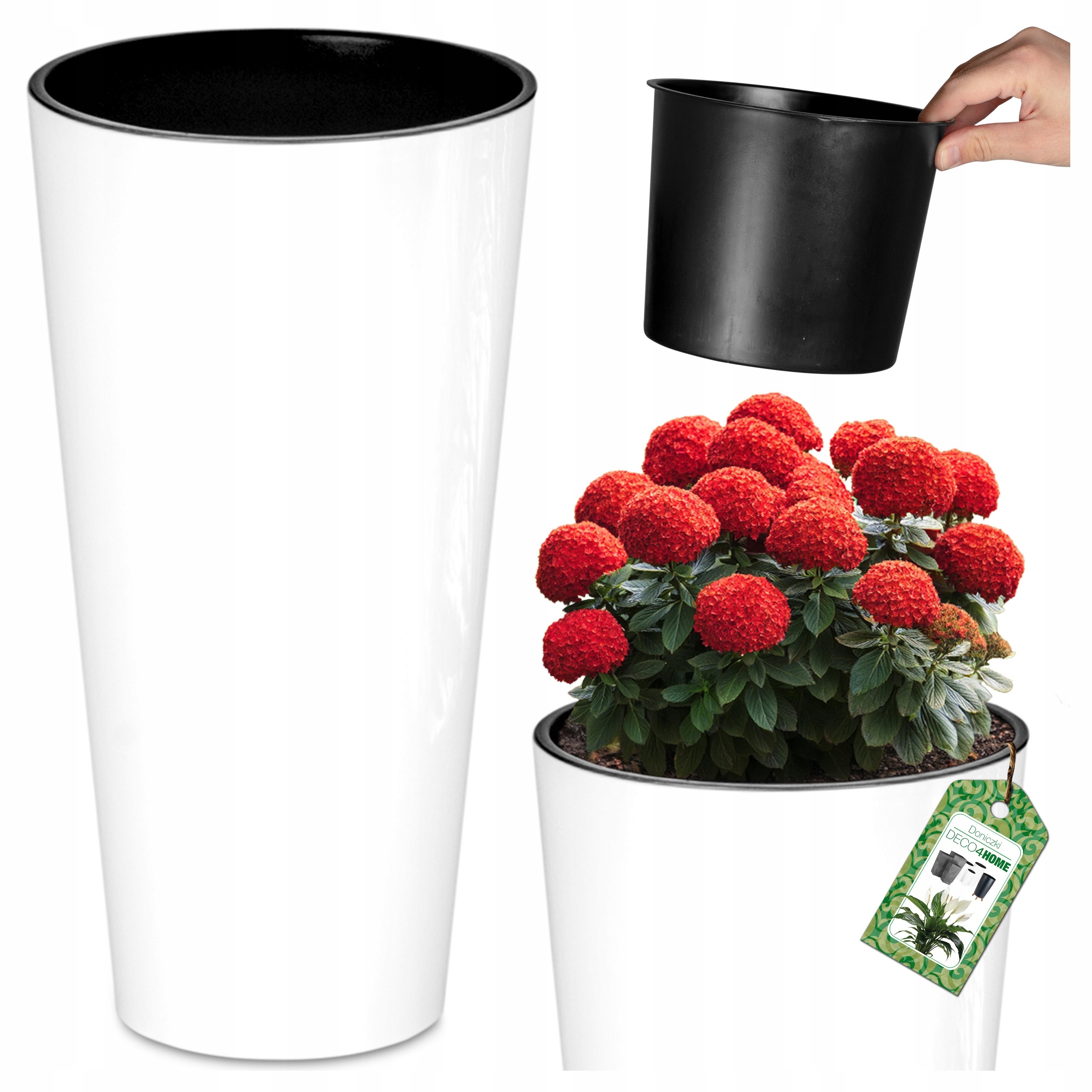 Doniczka Donica Połysk Biała Ogrodowa Balkonowa Kwietni Wysoka 76,5CM Wkład