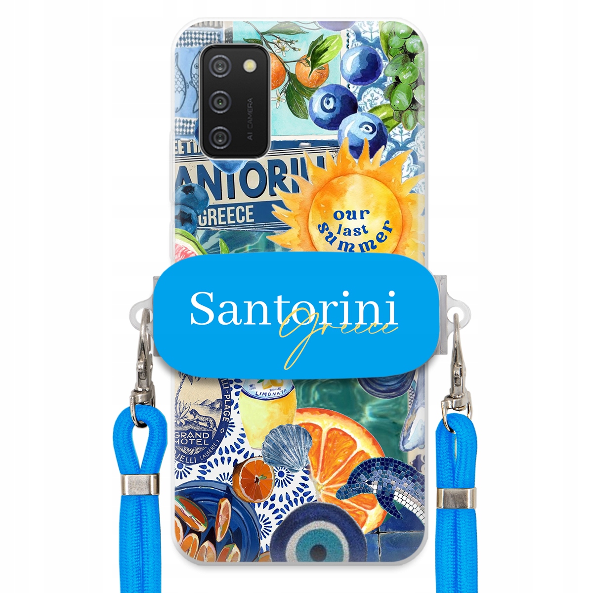 Puzdro pre Samsung A02S Modré Crossbody vodítko držiak Santorini Sea Vibes