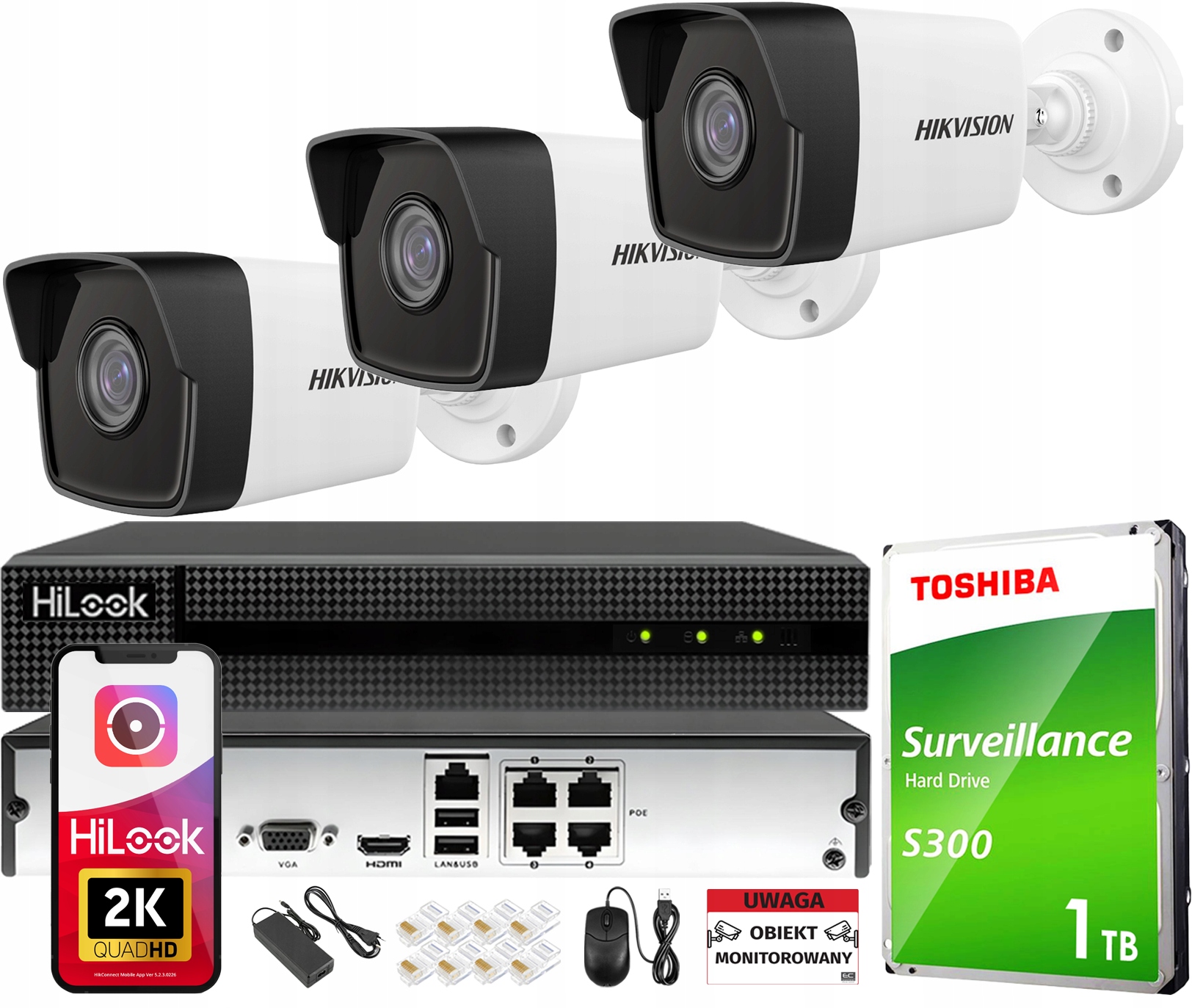 Monitorovací sada 3 kamer Hikvision Venkovní 4MPx Ip PoE bez kabelu 1TB