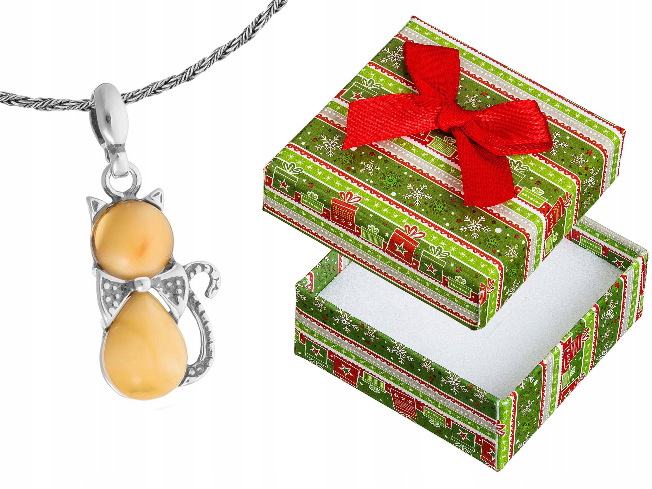 Dlouhý Stříbrný Dámský Náhrdelník Kočka s Mléčným Jantarem Koťátko Stříbro 80 cm