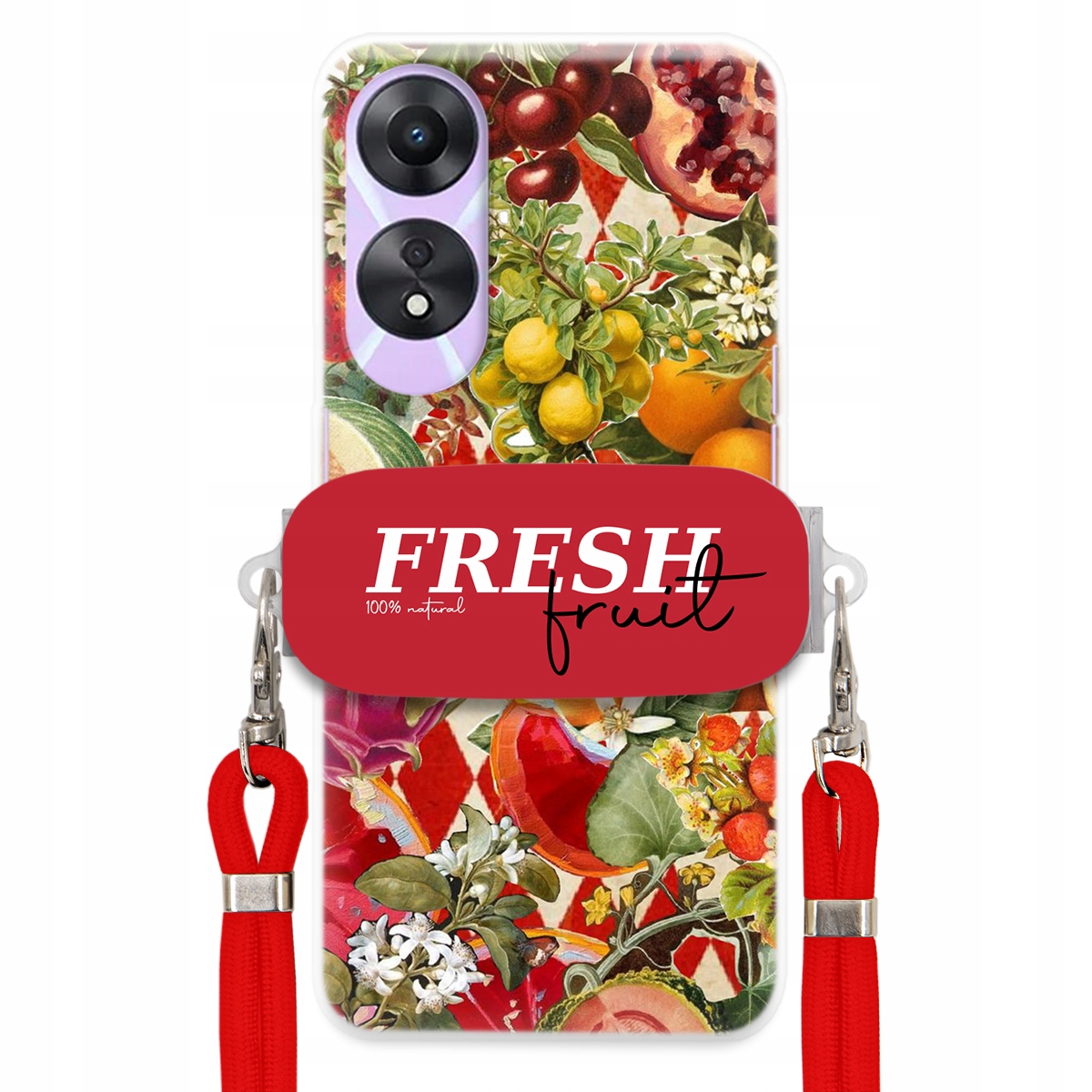 Puzdro pre Oppo A78 5G Červené Crossbody vodítko držiak Fresh Fruit Ovocné
