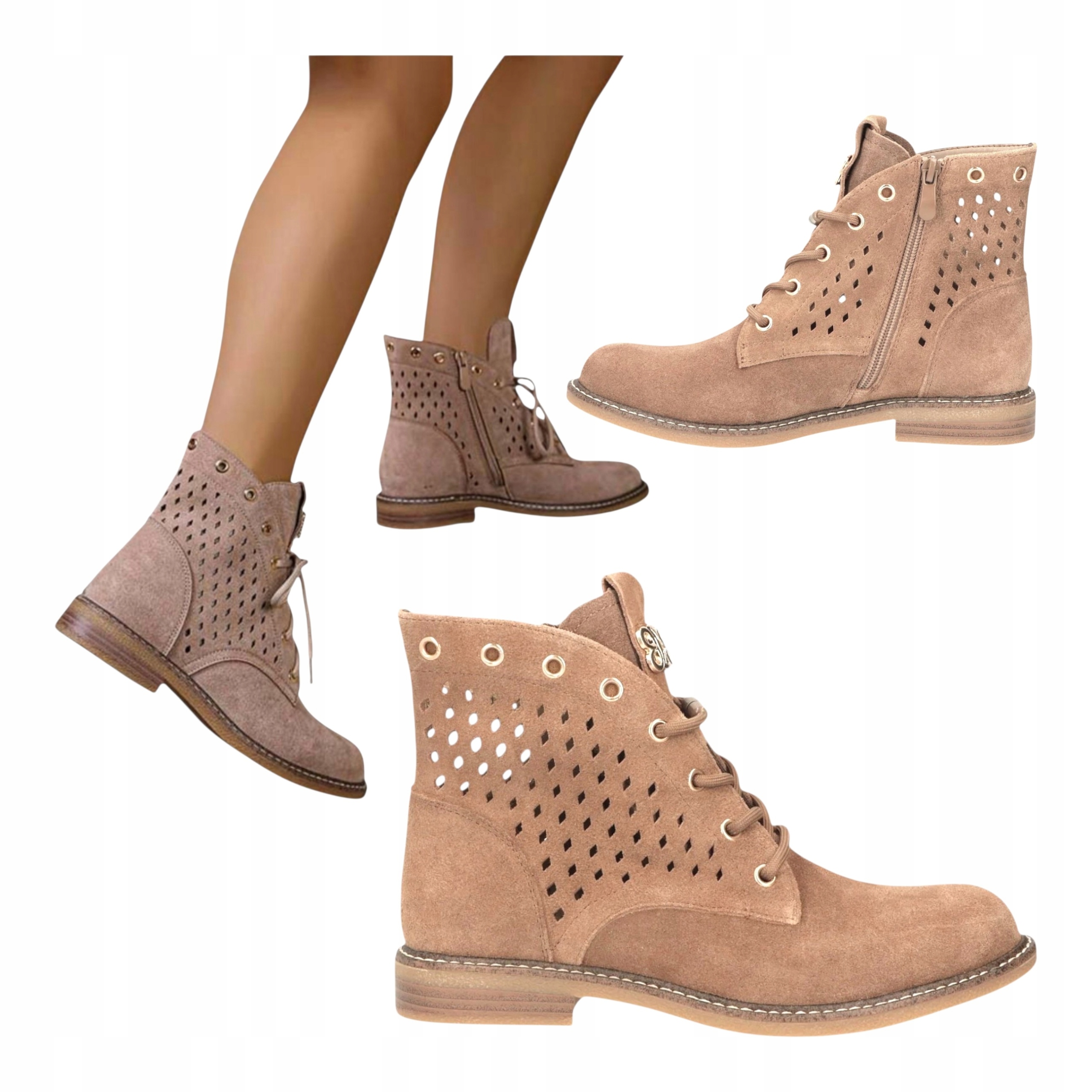 Dámské Kotníkové Boty s plochým podpatkem Kožené Semišové Letní Béžové 37