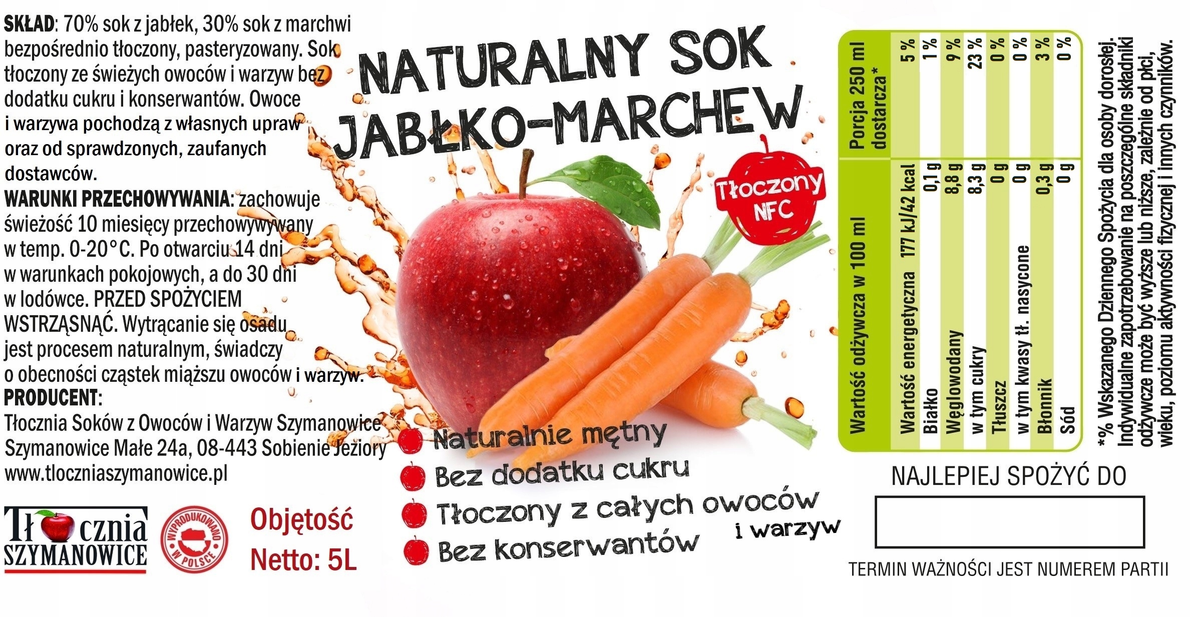 Sok jabłko MARCHEW NFC tłoczony producent 100% 5L EAN (GTIN) 5905669503068