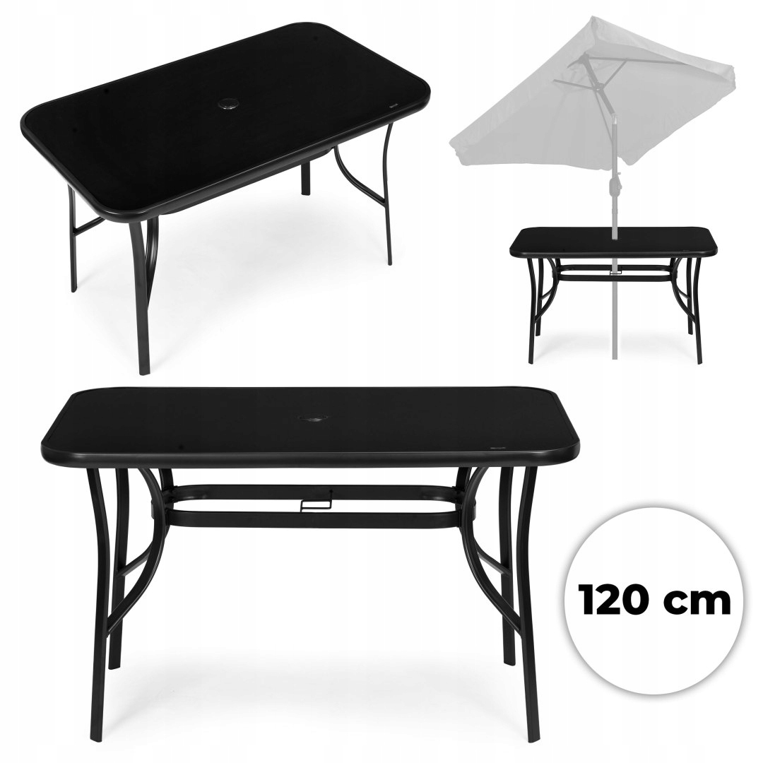 Zahradní stůl 120 x 70 cm tvrzené sklo otvor pro černý slunečník MultiGarden