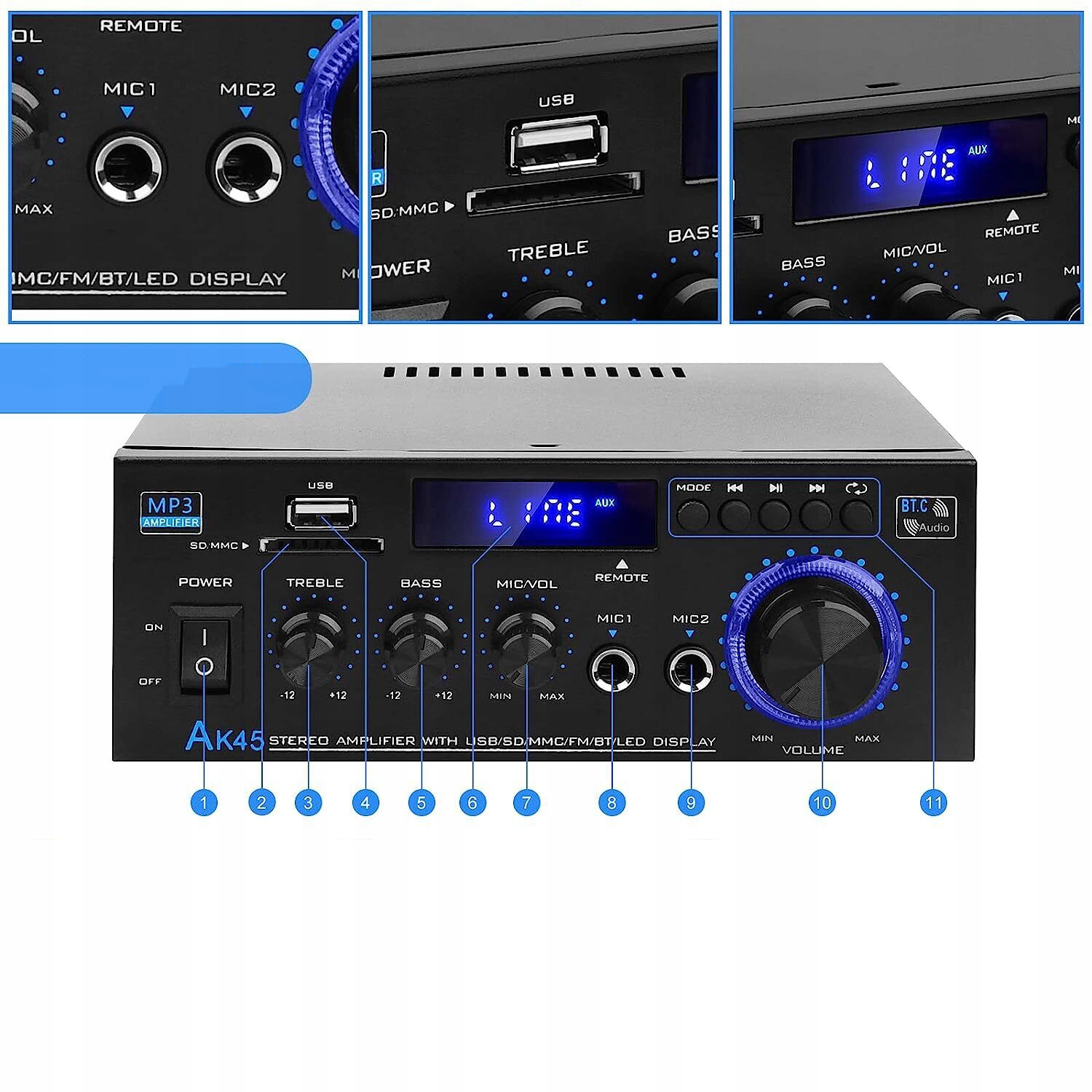 WZMACNIACZ BLUETOOTH 5.0 HIFI STEREO, 2-KANAŁOWY MINI WZMACNIACZ AUDIO Liczba kanałów 2