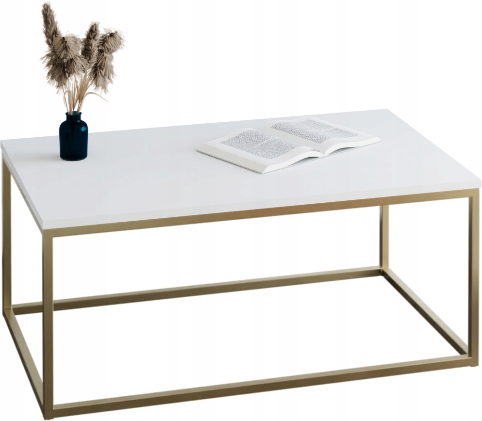 Stolik kawowy loft 100x60 biały mat metalowy złoty do salonu