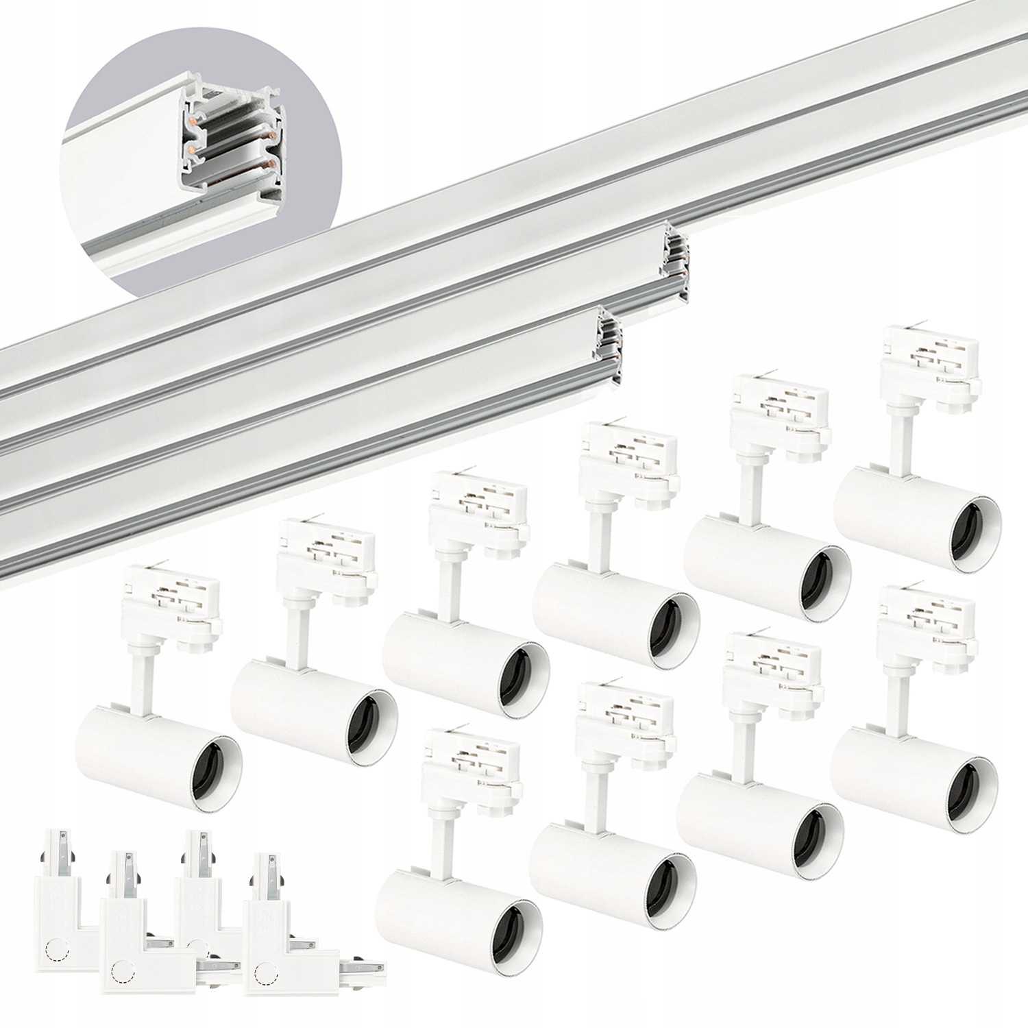 Oświetlenie szynowe 3 fazowe 2x2m+2x1m, 4x łącznik L, 10x Oprawa Biały EAN (GTIN) 5902201396065