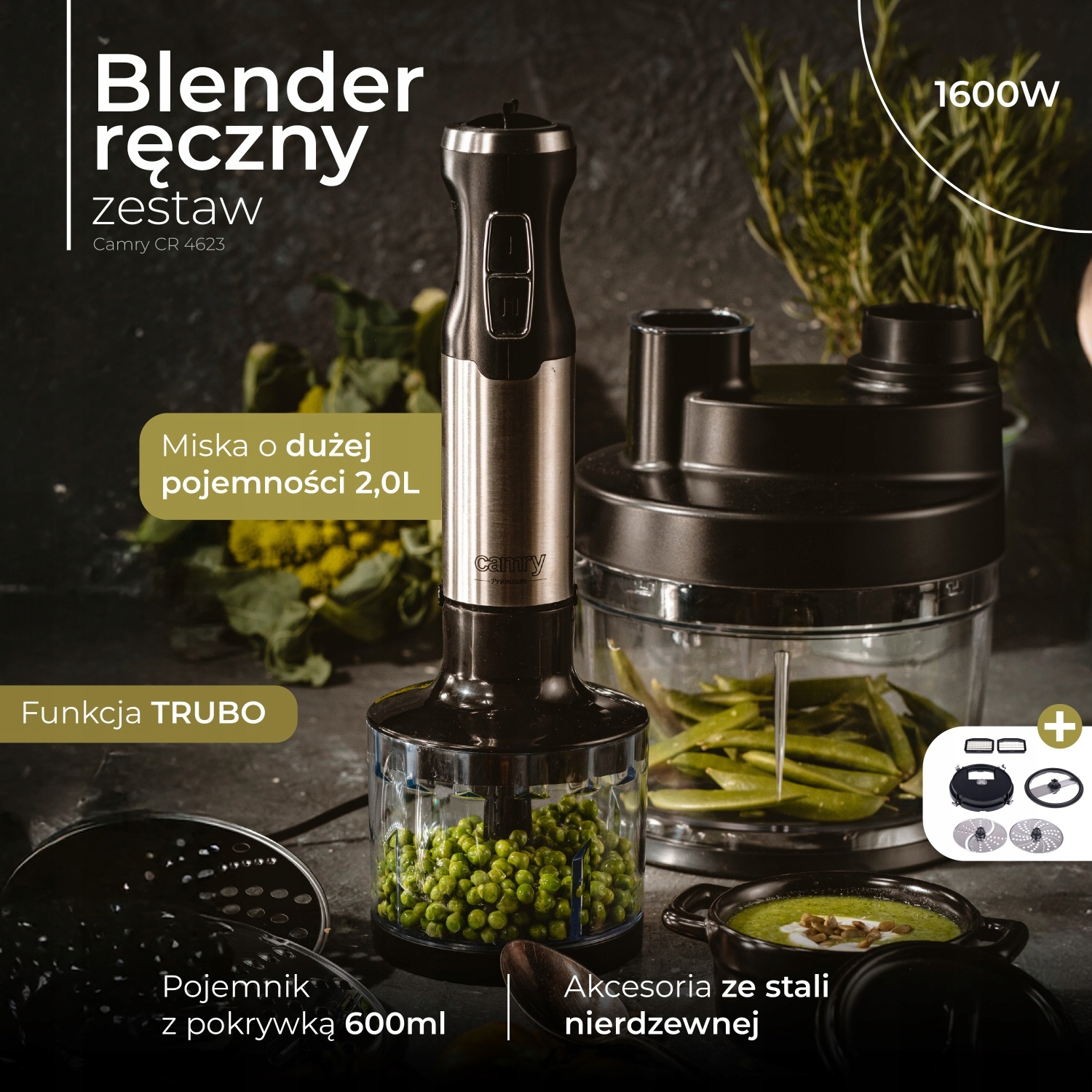 Blender Ręczny 1600W CR4623 Zestaw z Rozdrabniaczem i Akcesoriami