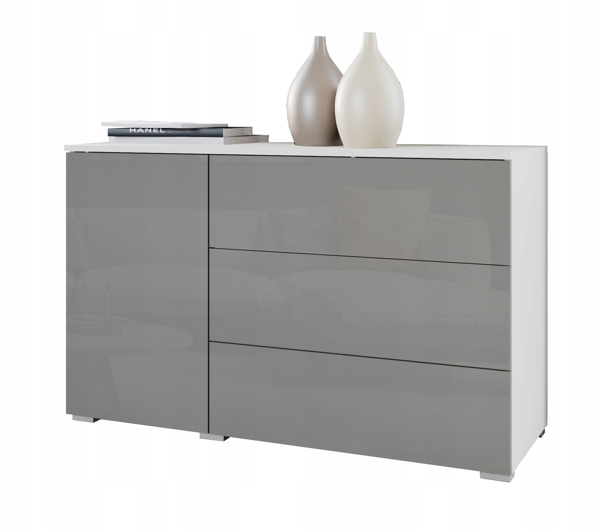 Komoda 110 cm do obývacího pokoje se zásuvkami a skříňkami, čela šedá, leskle bílá