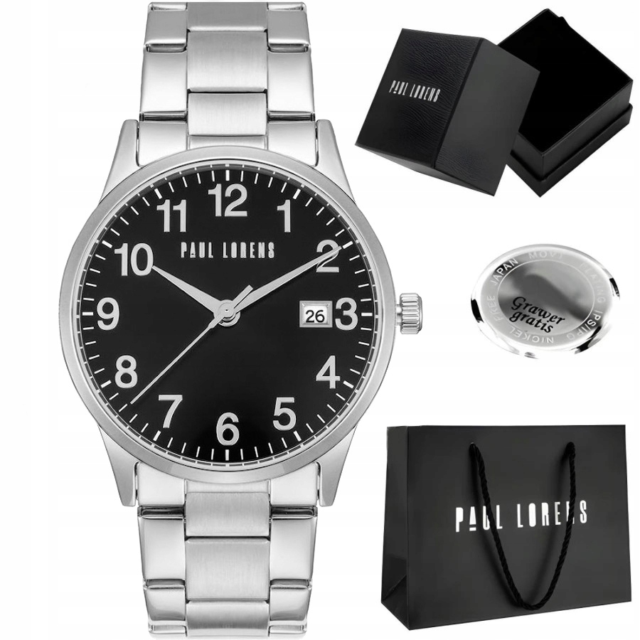 Pánské hodinky Paul Lorens Pablo ocelové s datumovkou a číslicemi Gravírování