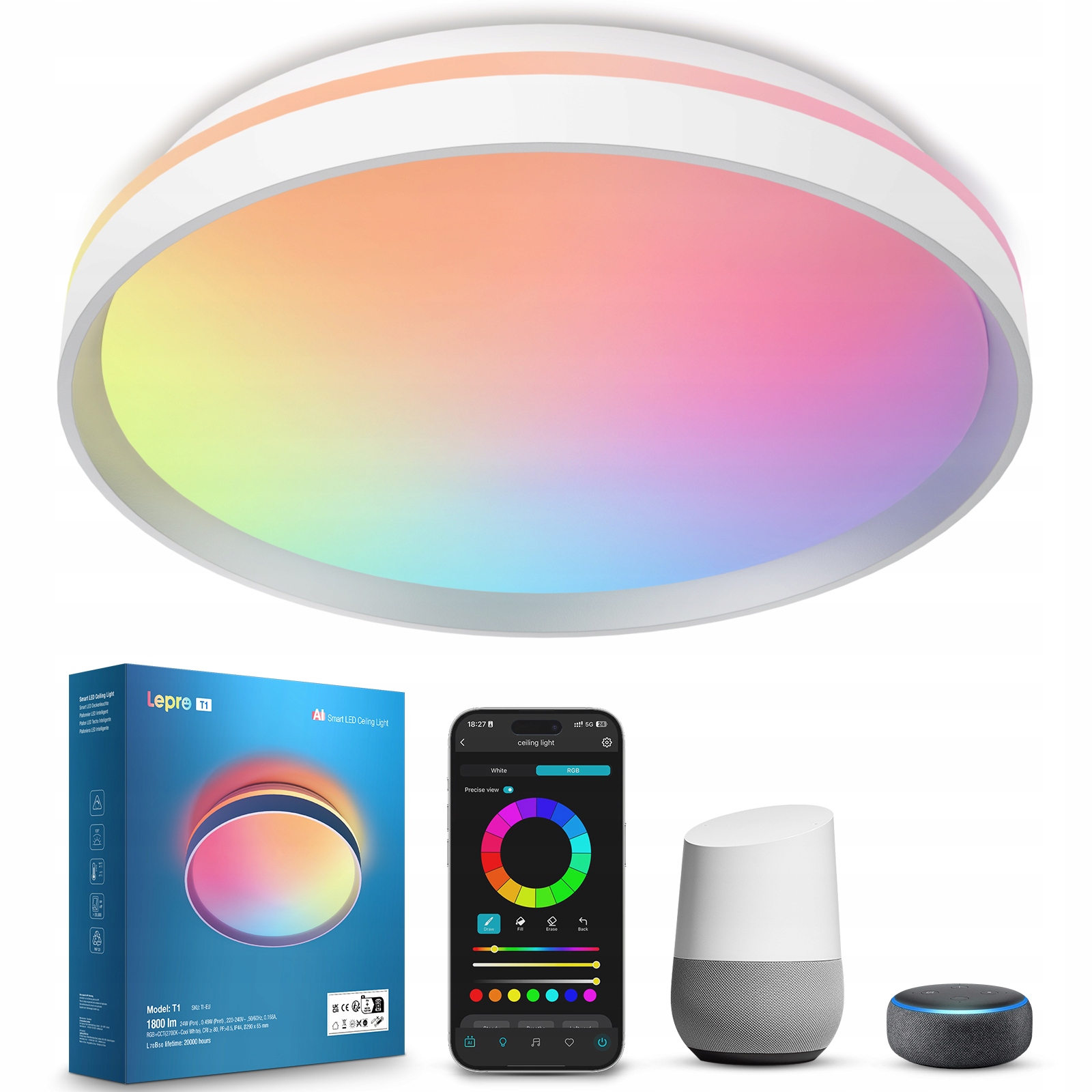 Smart Rgbic Lampa Sufitowa Plafon Led 24W 150W 2000LM 29x6.5cm IP44 Lepro