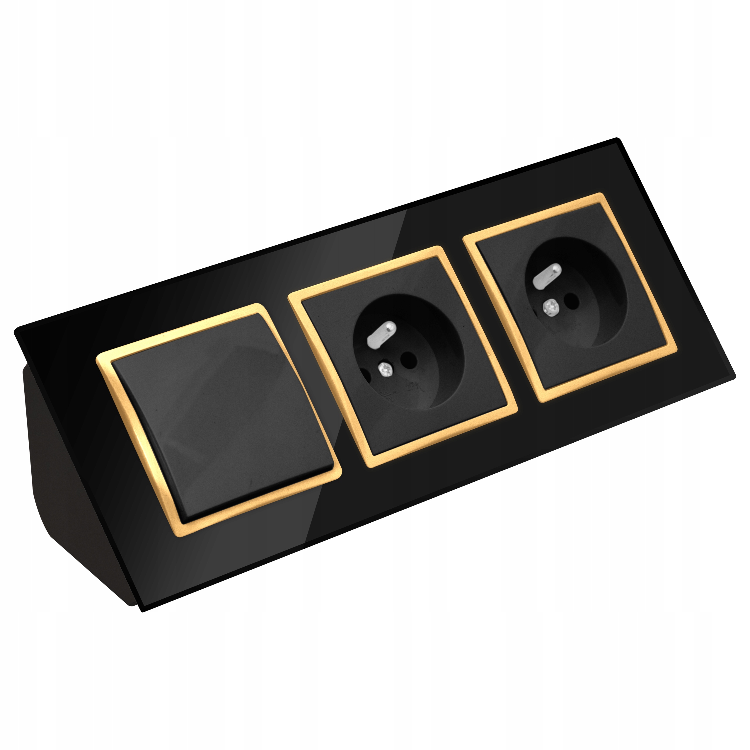Gniazdo Podwójne Szklane Meblowe Narożne Z Wyłącznikiem Czarne Złote Listwa
