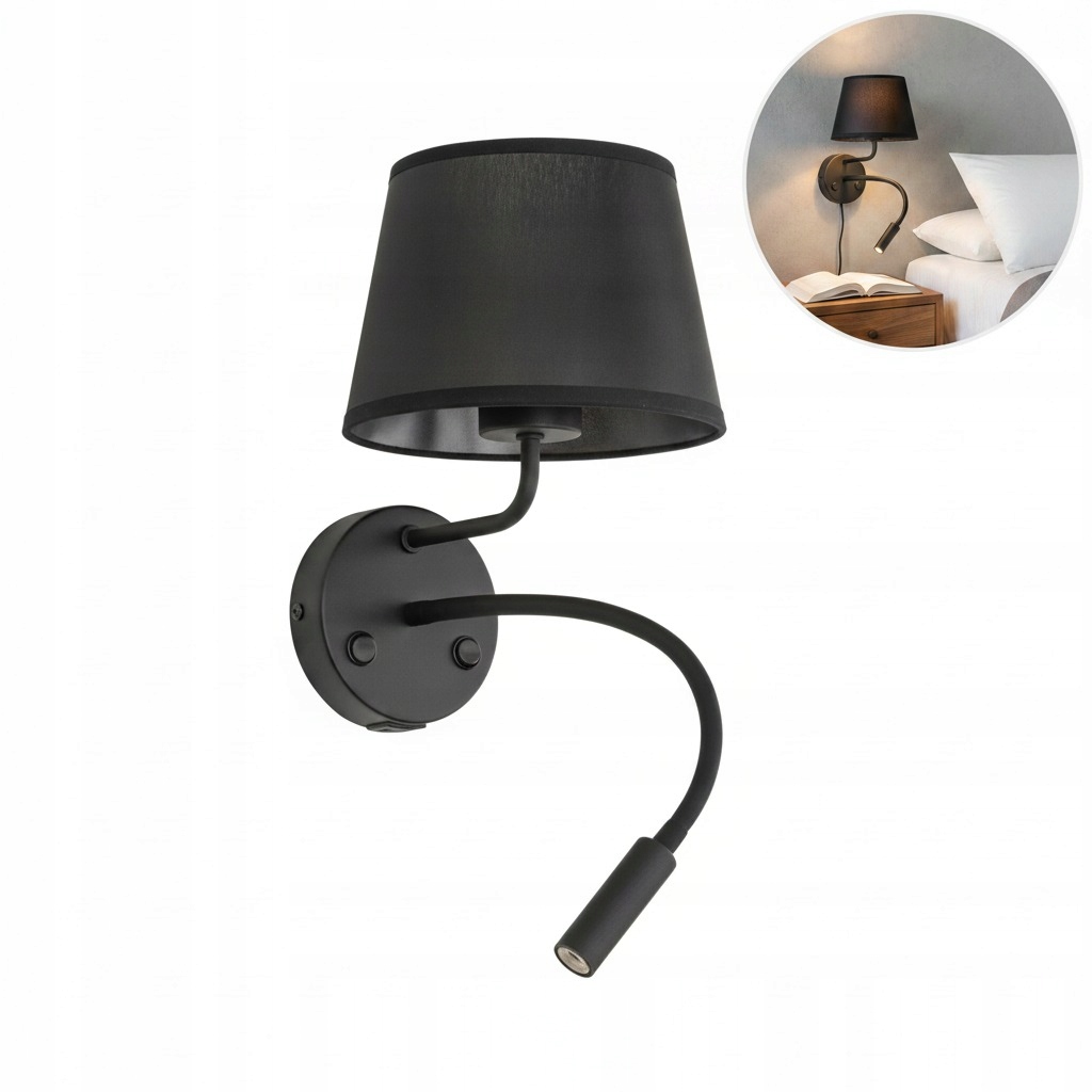 Čierne nástenné svietidlo na čítanie s Usb nad posteľou v spálni Tk Lighting
