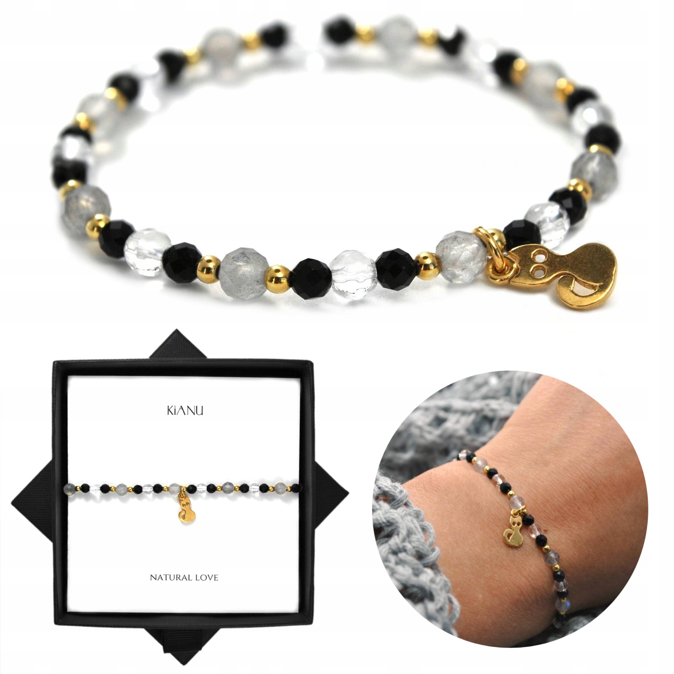 Náramek z přírodních kamenů Onyx Labradorit Křišťál Stříbro Zlato