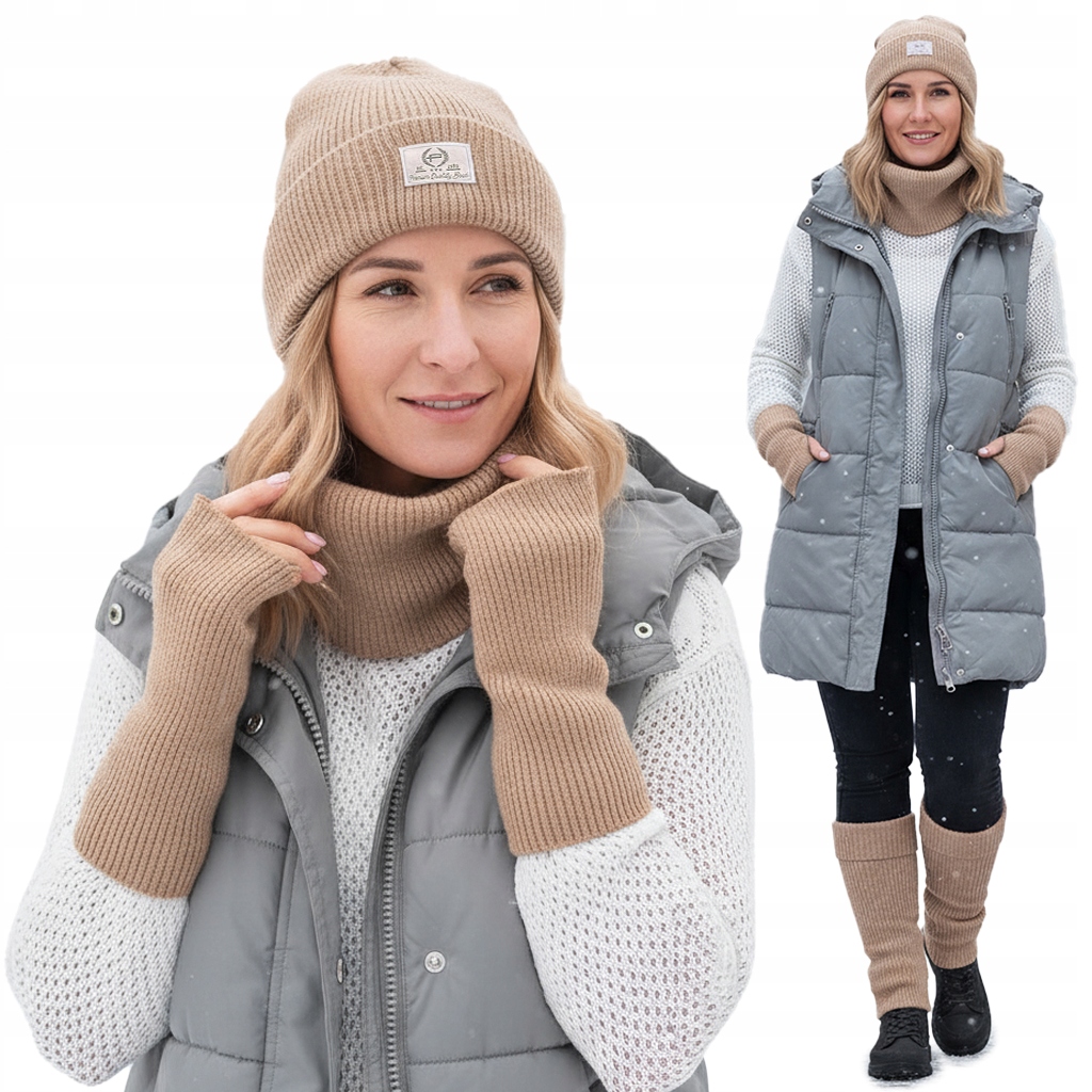 Dámský komplet 4v1 Čepice Nákrčník Rukavice Getry Teplá sada Béžová