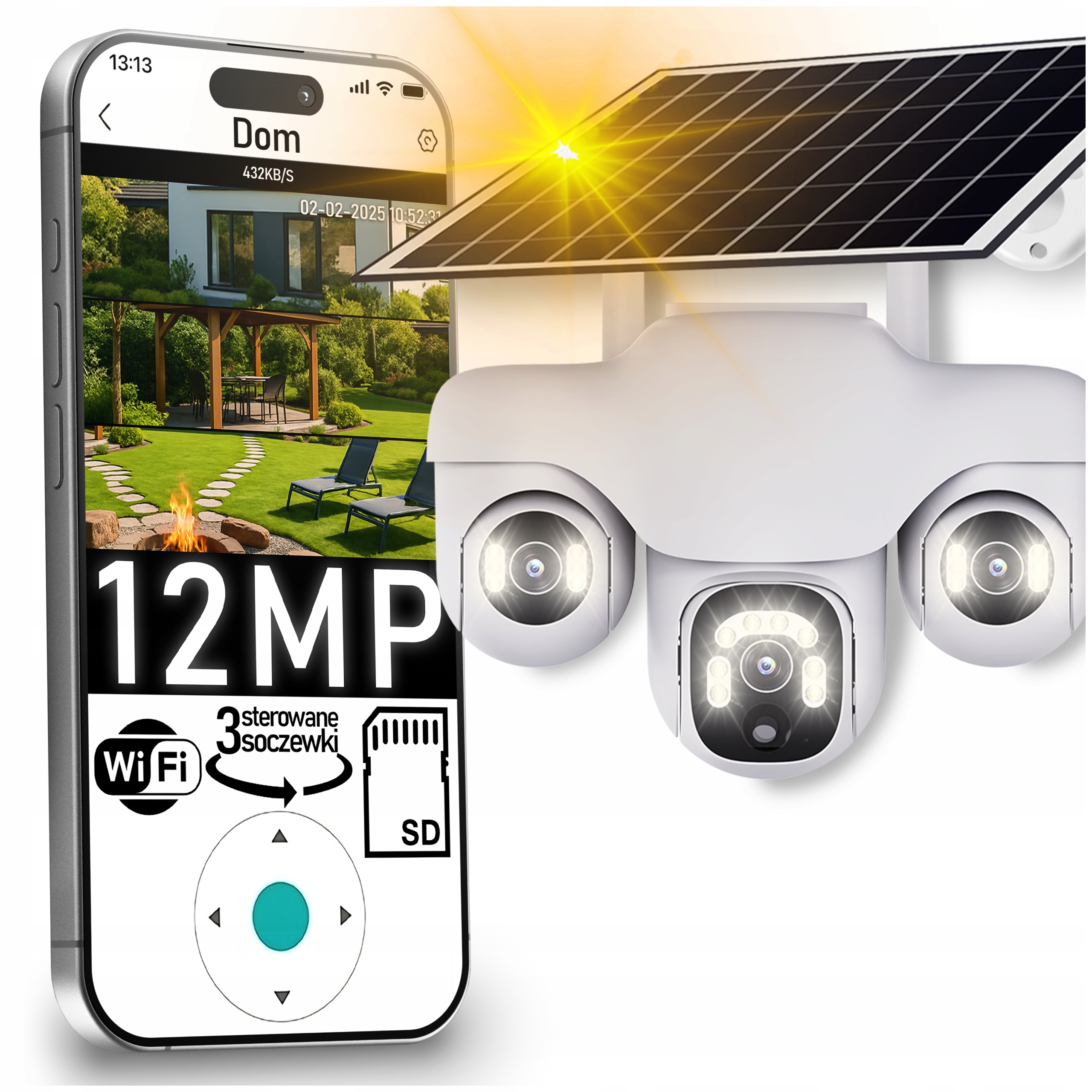 Venkovní Solární Kamera 4K Typ-c 3 Otočné Ovládané 12MPx Detekce WiFi