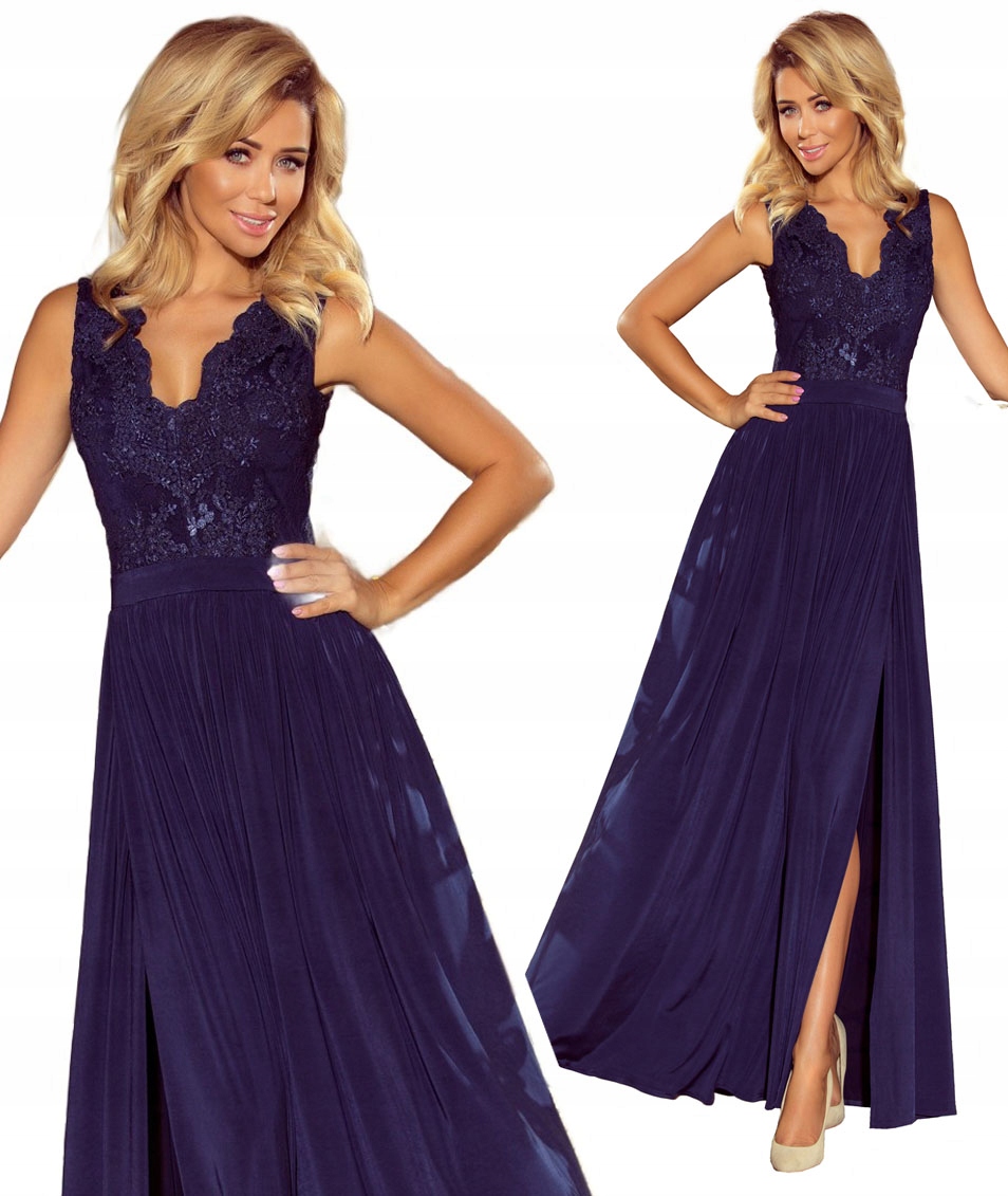 Dlouhá Večerní Sukně S Krajkou, Vyšívaná Bez Rukávů, Tmavě Modrá