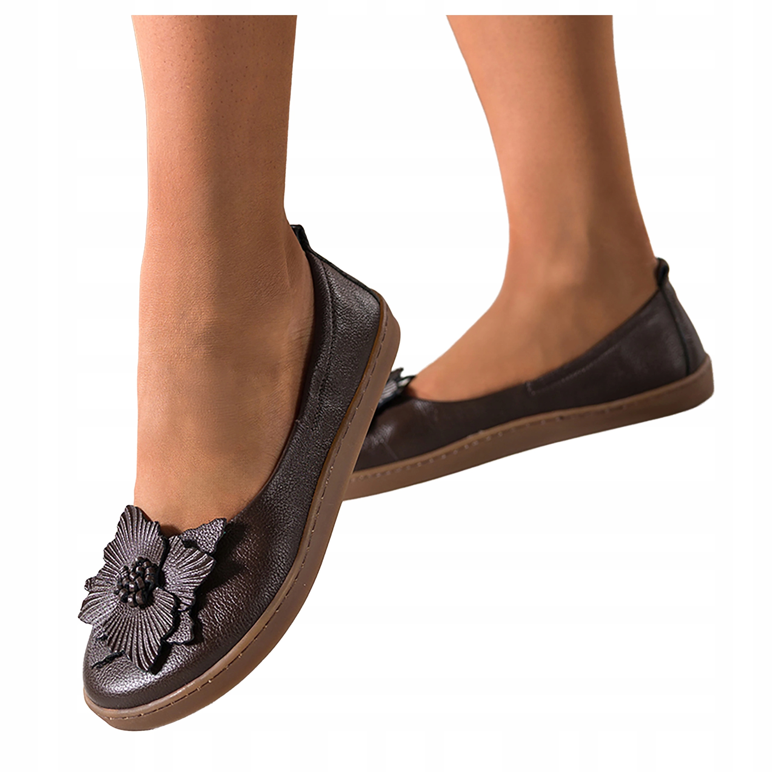 Čokoládové Baleríny Dámské Barefoot Módní Kožené Polské S Květem vel 37