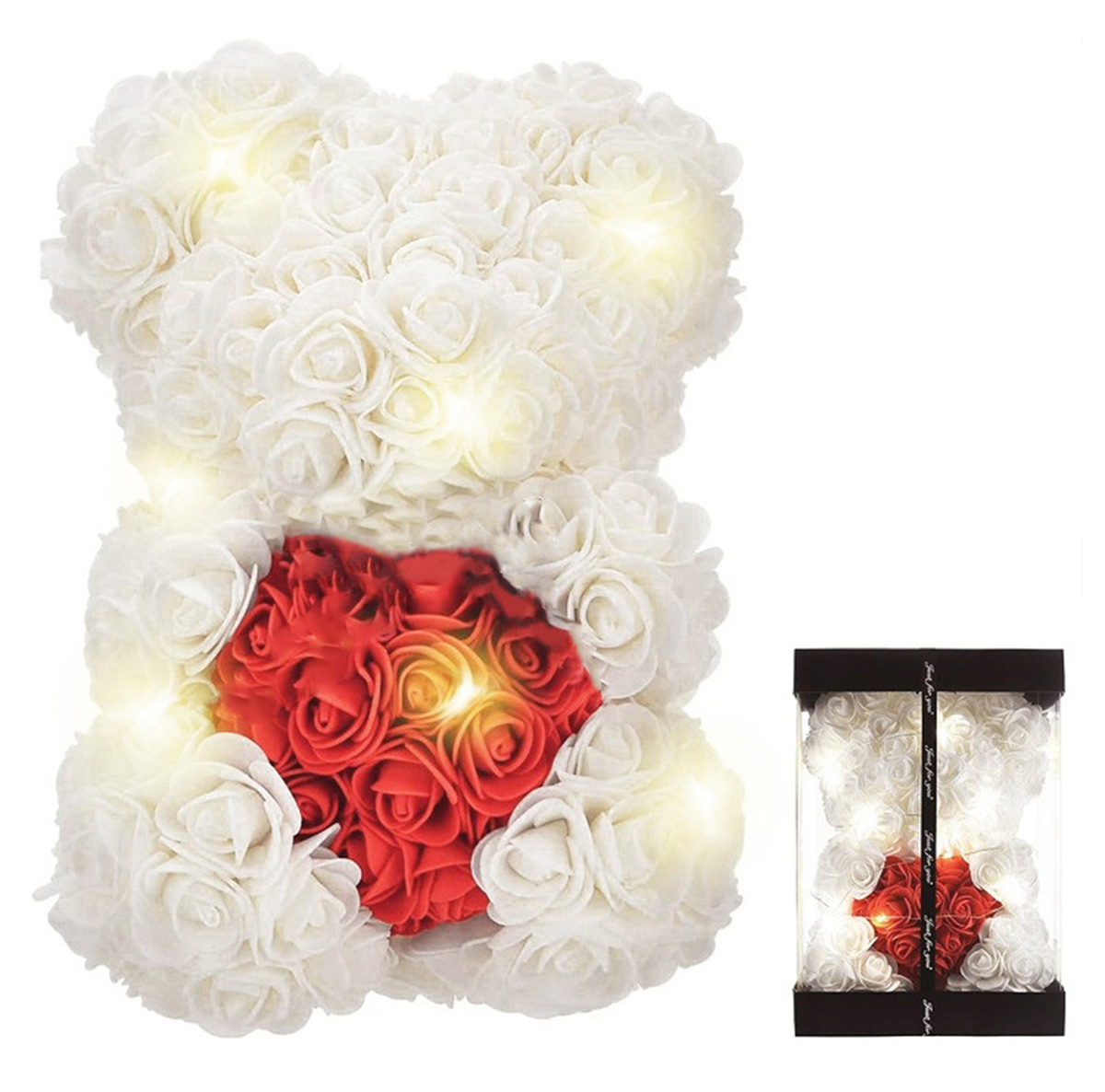 MIŚ Z RÓŻ PREZENT WALENTYNKI BIAŁA RÓŻA CZERWONE SERCE PUDEŁKO + LED BQ54C